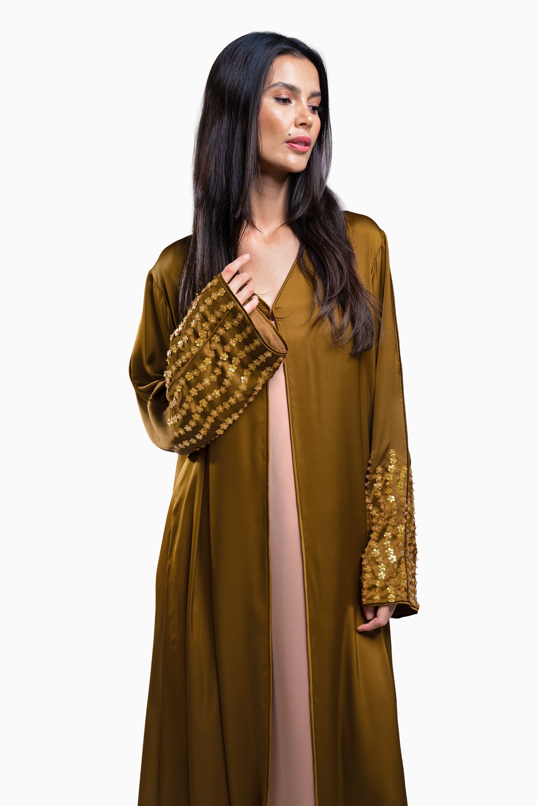 Zahr Gold - Minimalist Abaya with Flower Embroidery