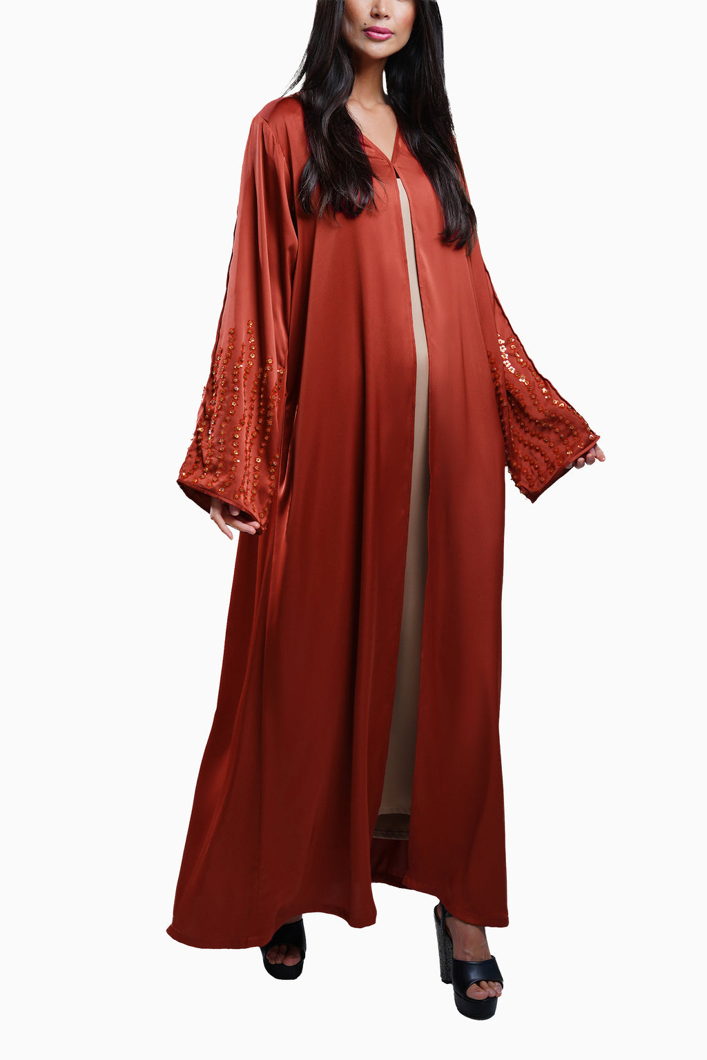 Zahr Burnt - Minimalist Abaya with Flower Embroidery