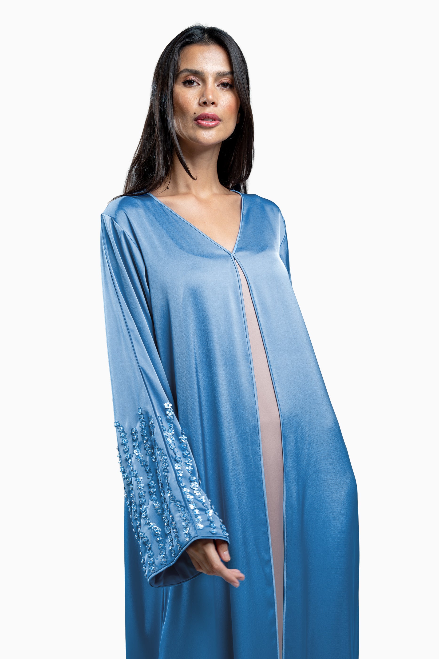 Zahr Sky - Minimalist Abaya with Flower Embroidery