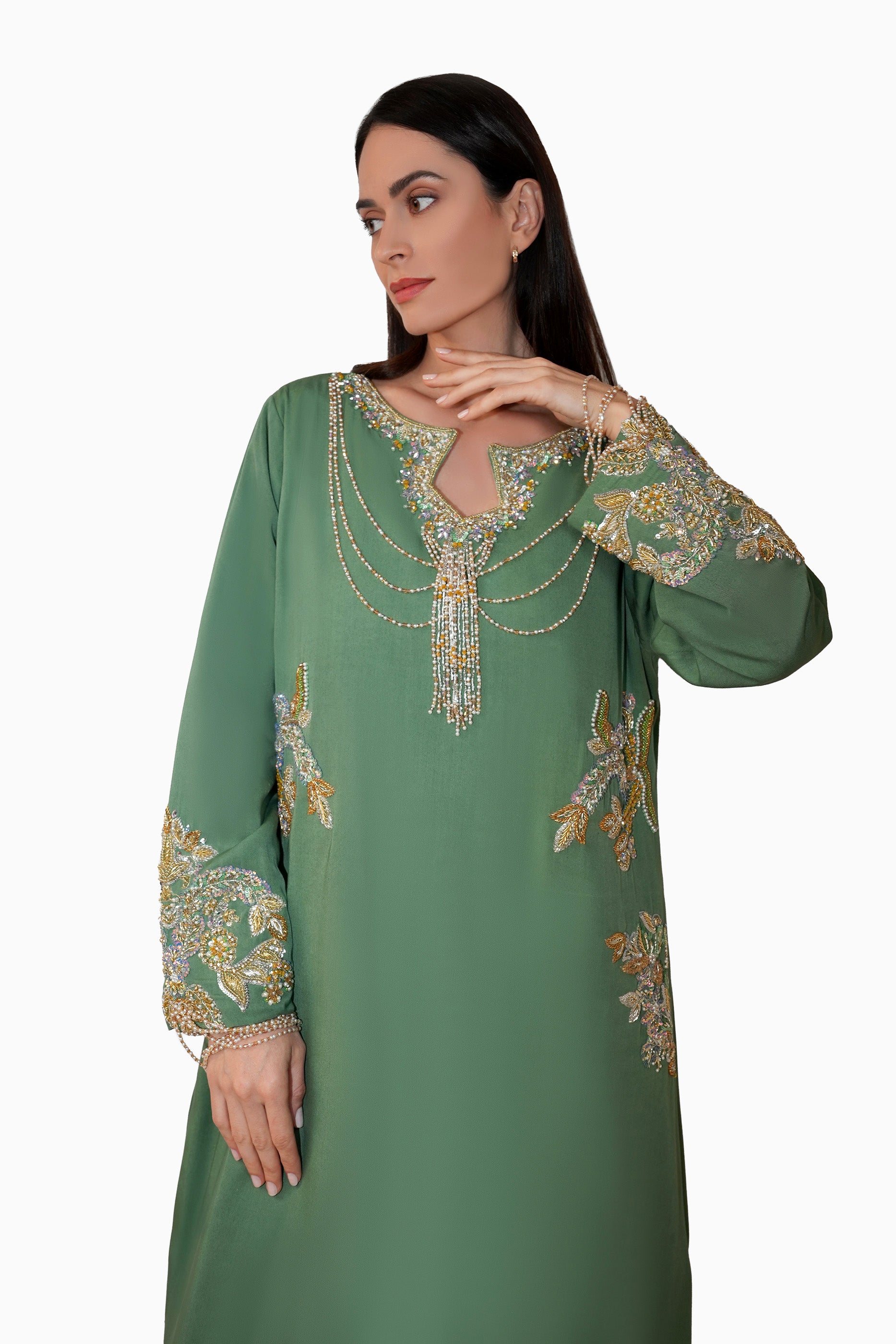 Azalea Mint - Embroidered Floral Kaftan Dress