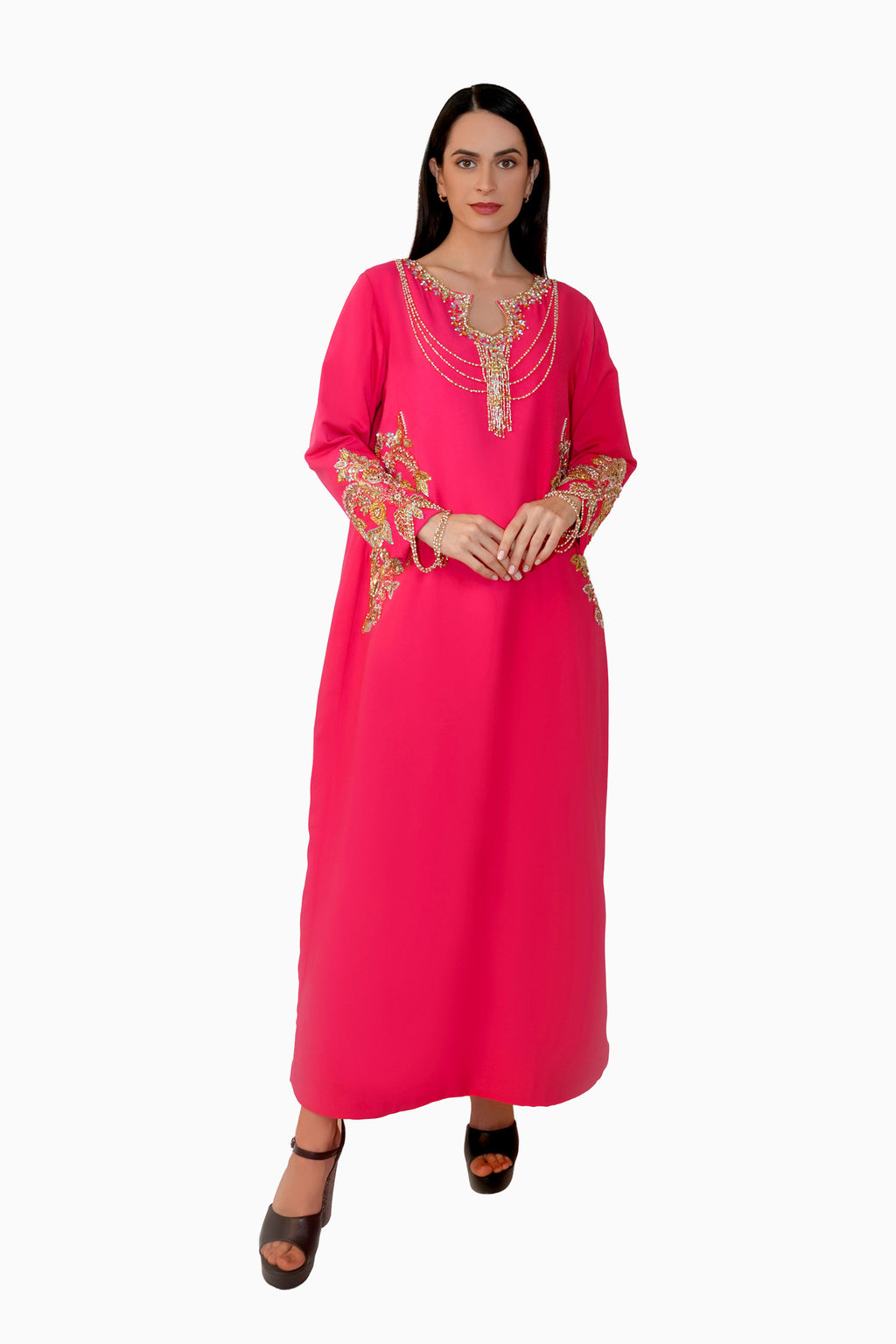 Azalea Peach - Embroidered Floral Kaftan Dress