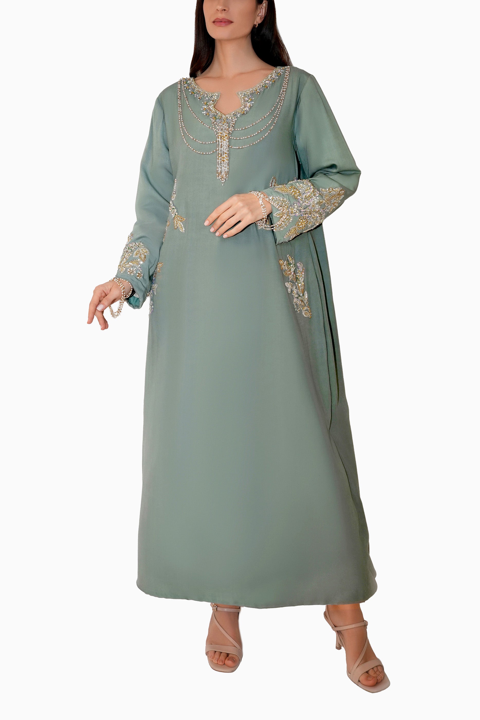 Azalea Teal - Embroidered Floral Kaftan Dress