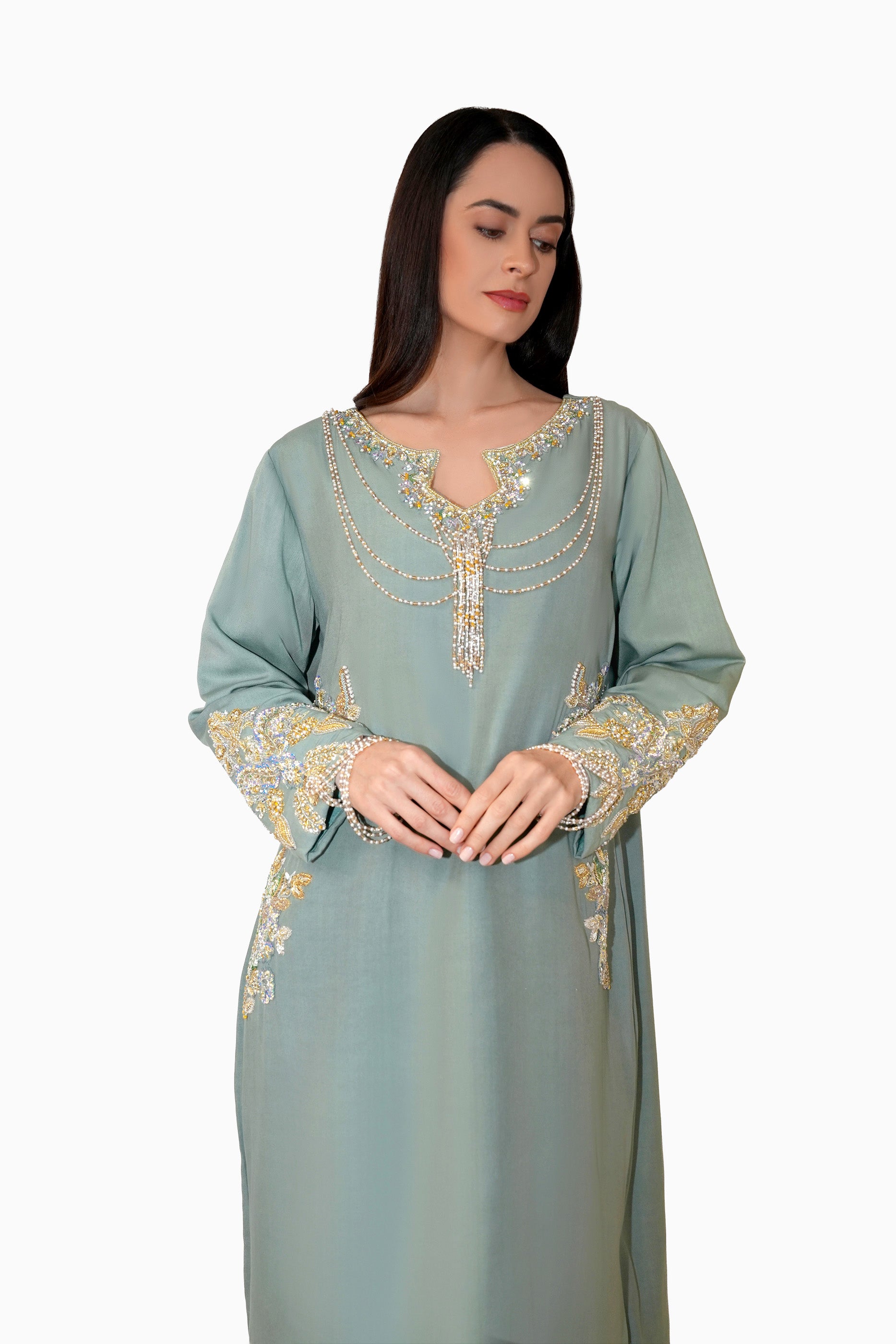 Azalea Teal - Embroidered Floral Kaftan Dress