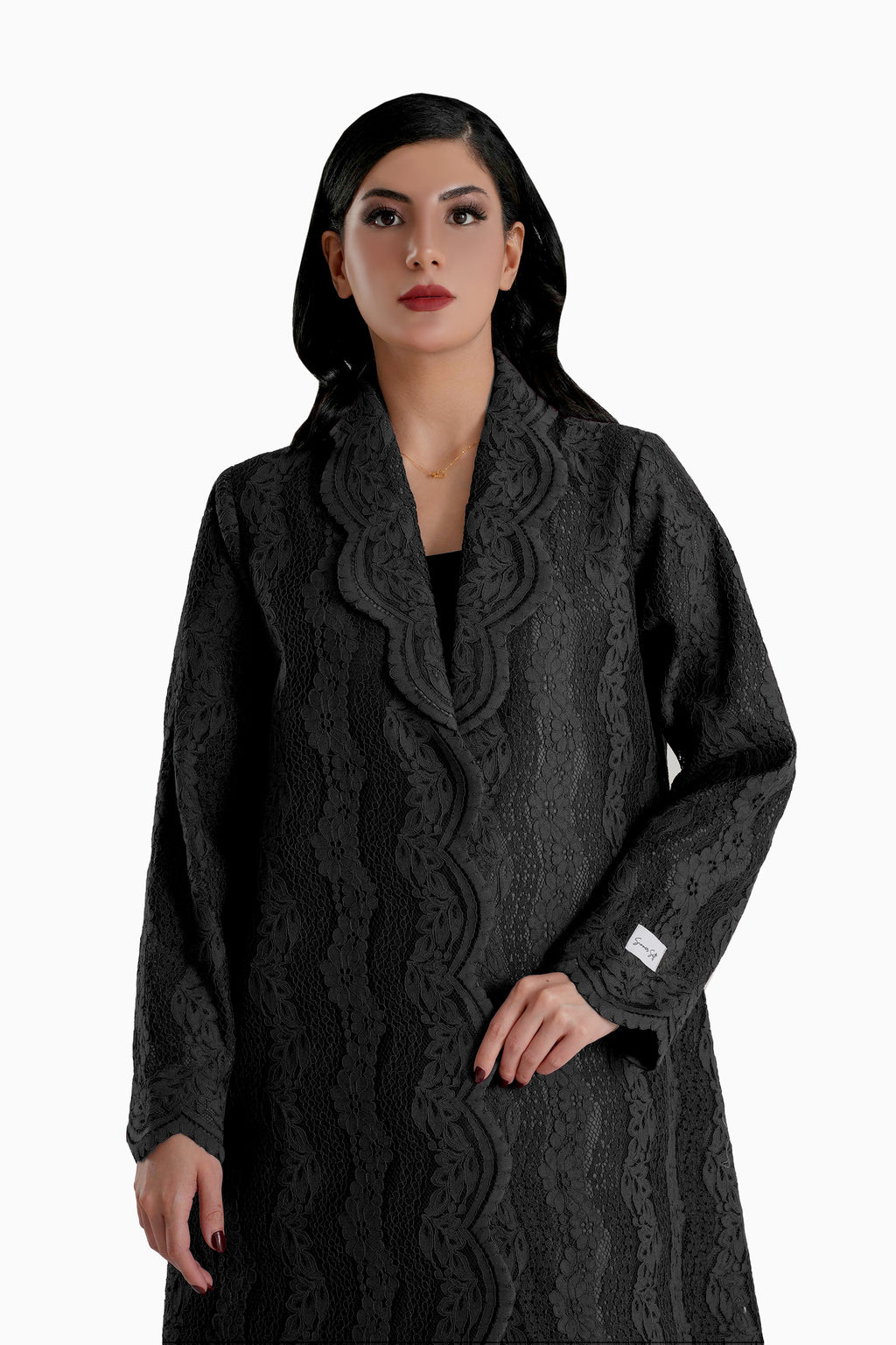 Sama Black - Collared Floral Lace Scallop Abaya with Matching Shella