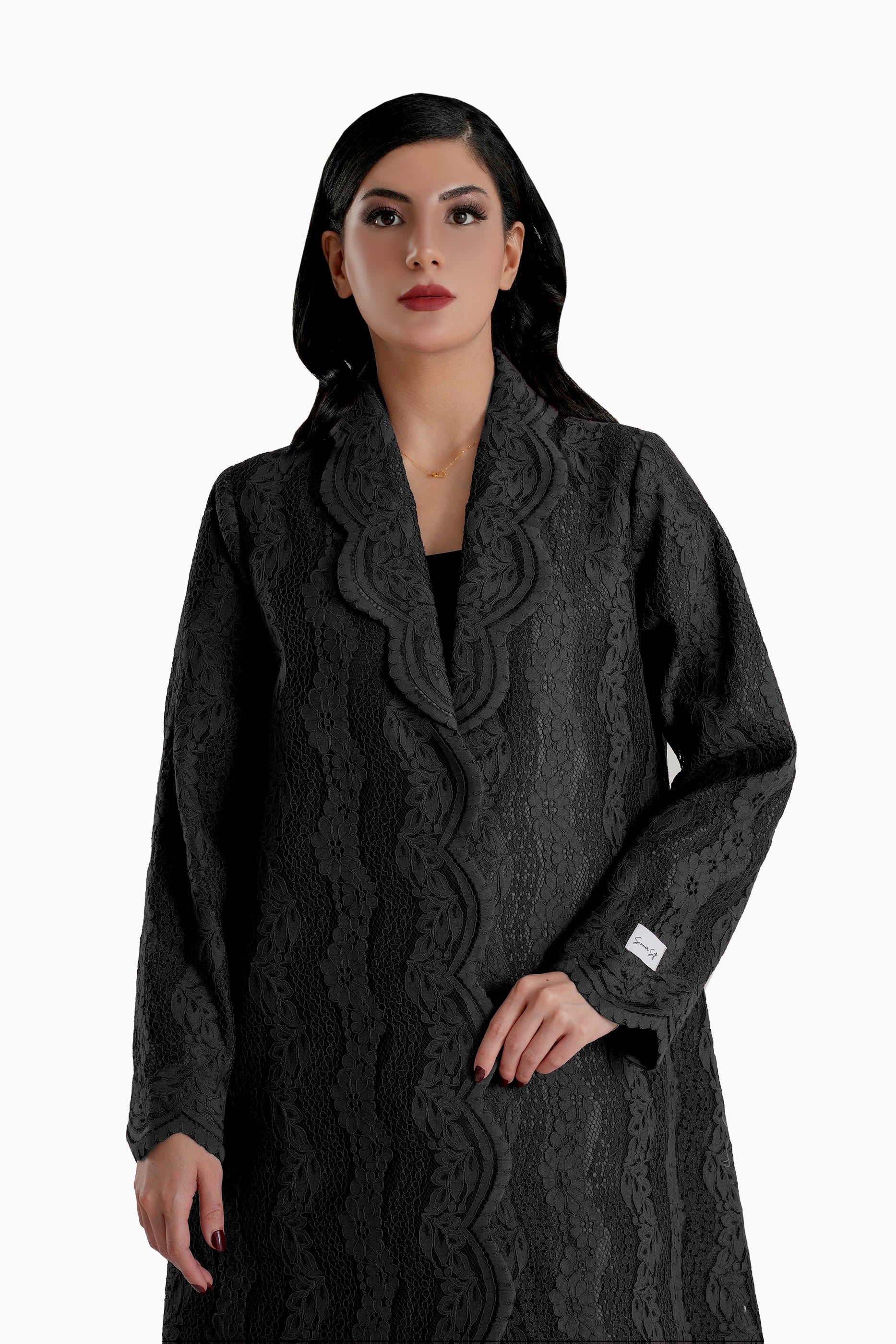 Sama Black - Collared Floral Lace Scallop Abaya with Matching Shella
