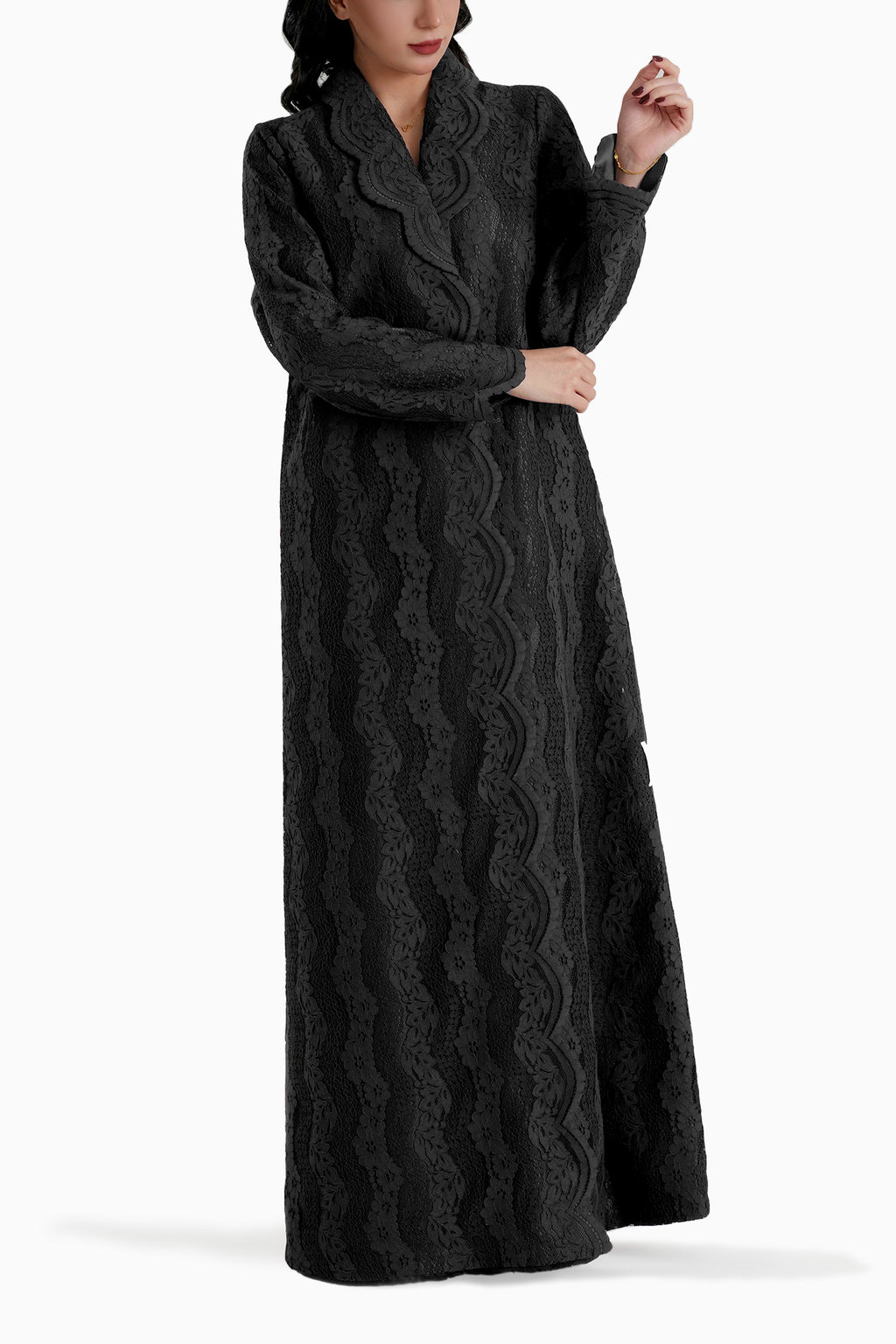 Sama Black - Collared Floral Lace Scallop Abaya with Matching Shella