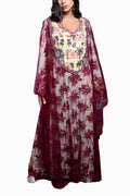 Elina Maroon Mkhawar Kaftan - Printed Floral Embroidery
