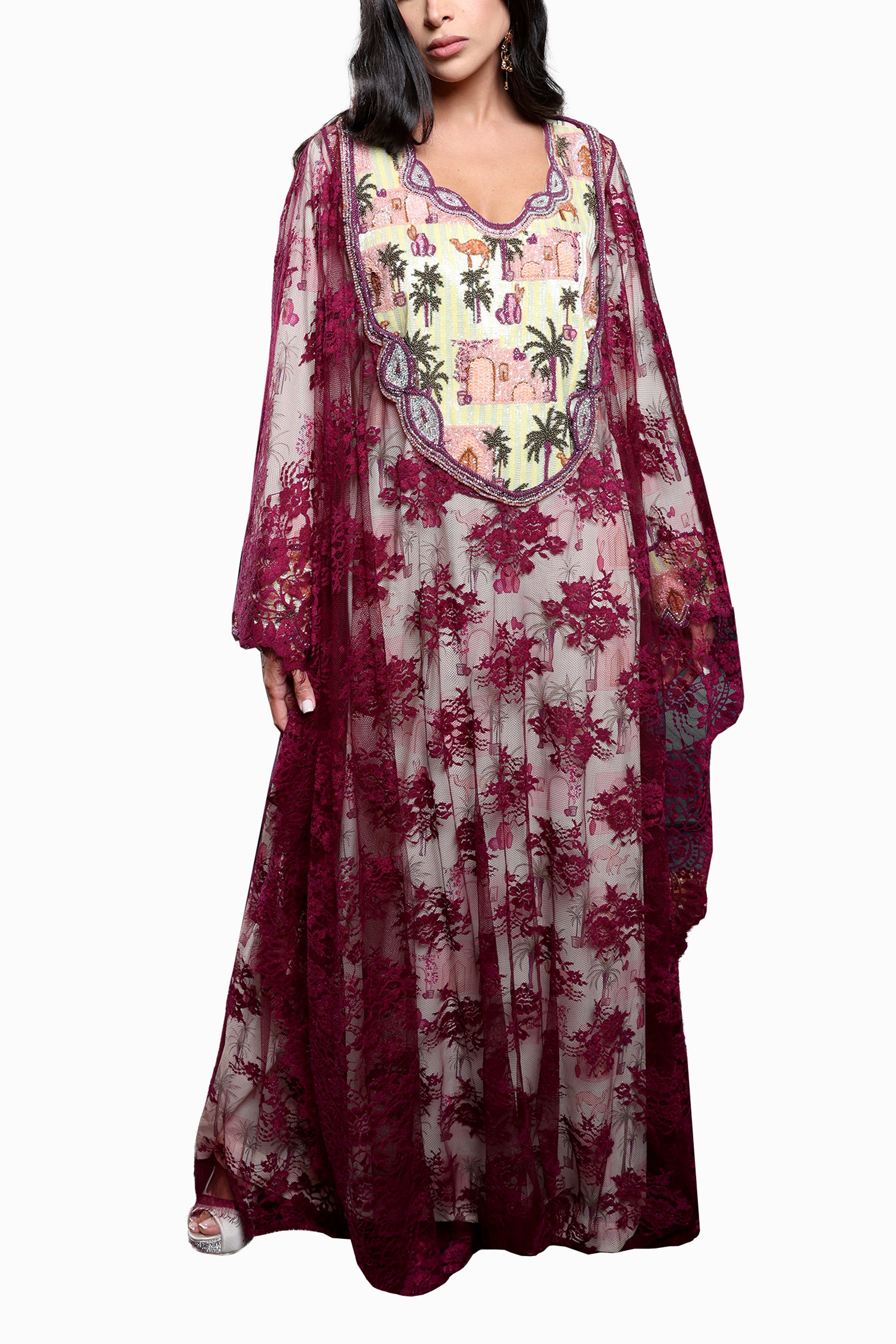 Elina Maroon Mkhawar Kaftan - Printed Floral Embroidery