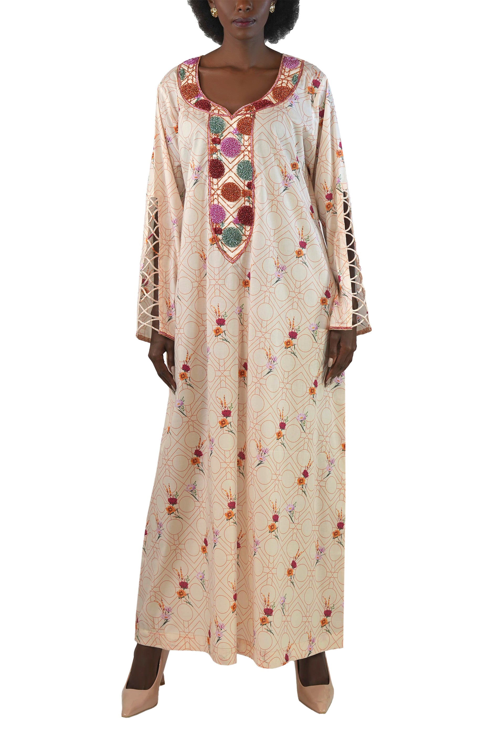 Flo Creamy - Printed Floral Kaftan Dress