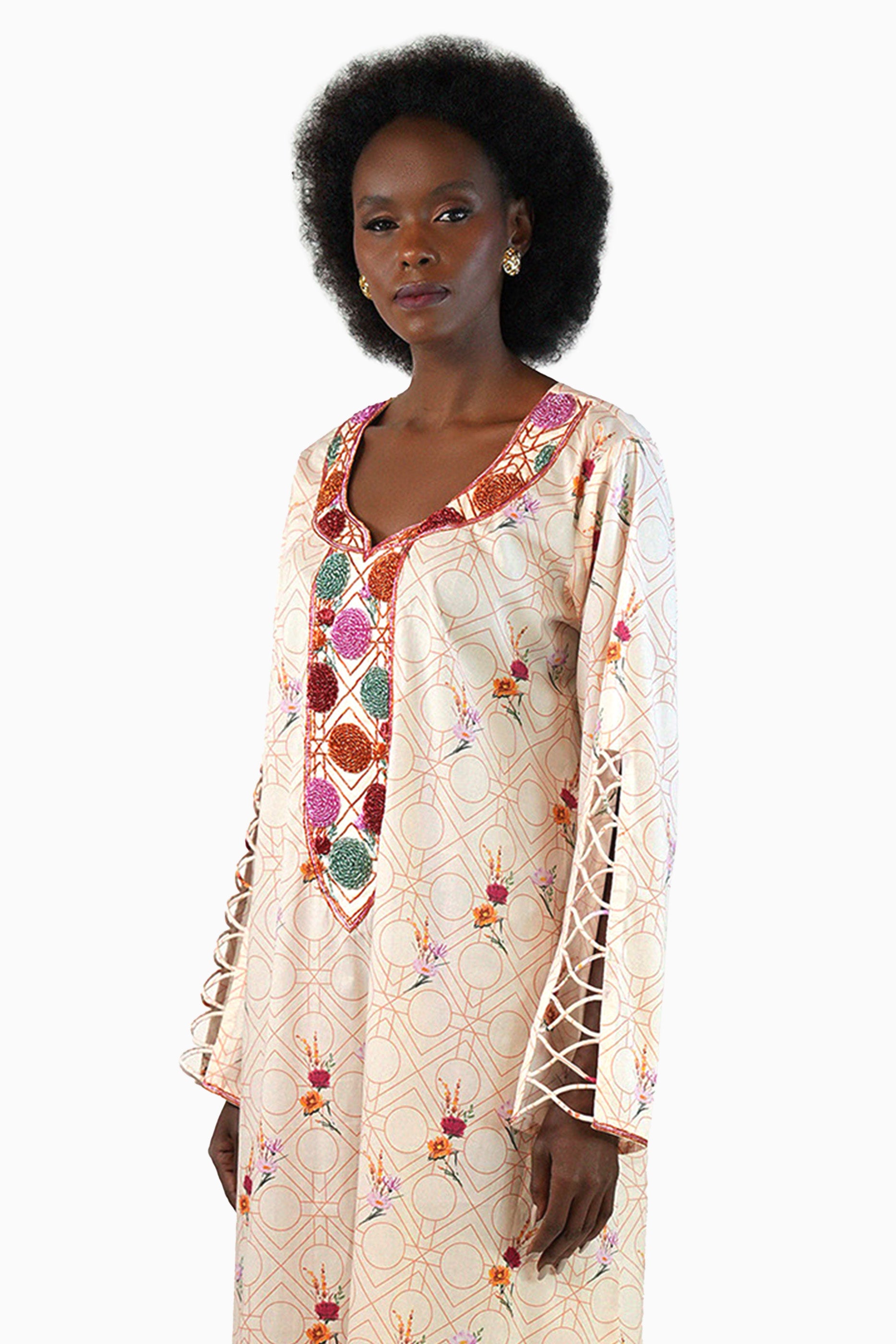 Flo Creamy - Printed Floral Kaftan Dress