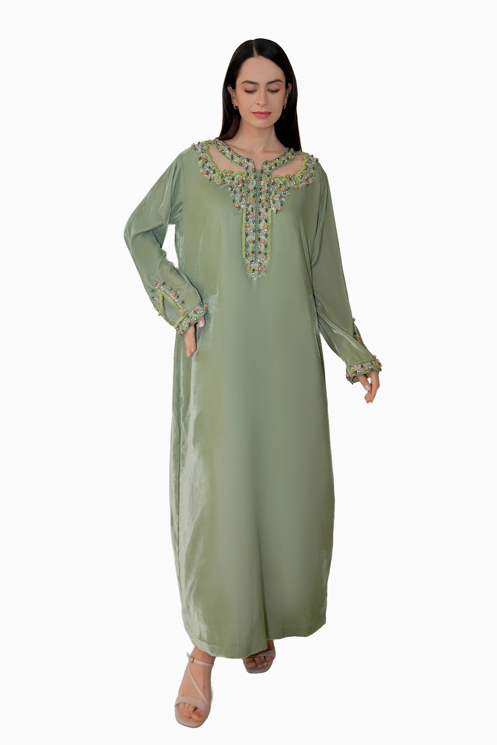 Hadiqa Pastel Green - Velvet Midnight Embroidery Floral Dress