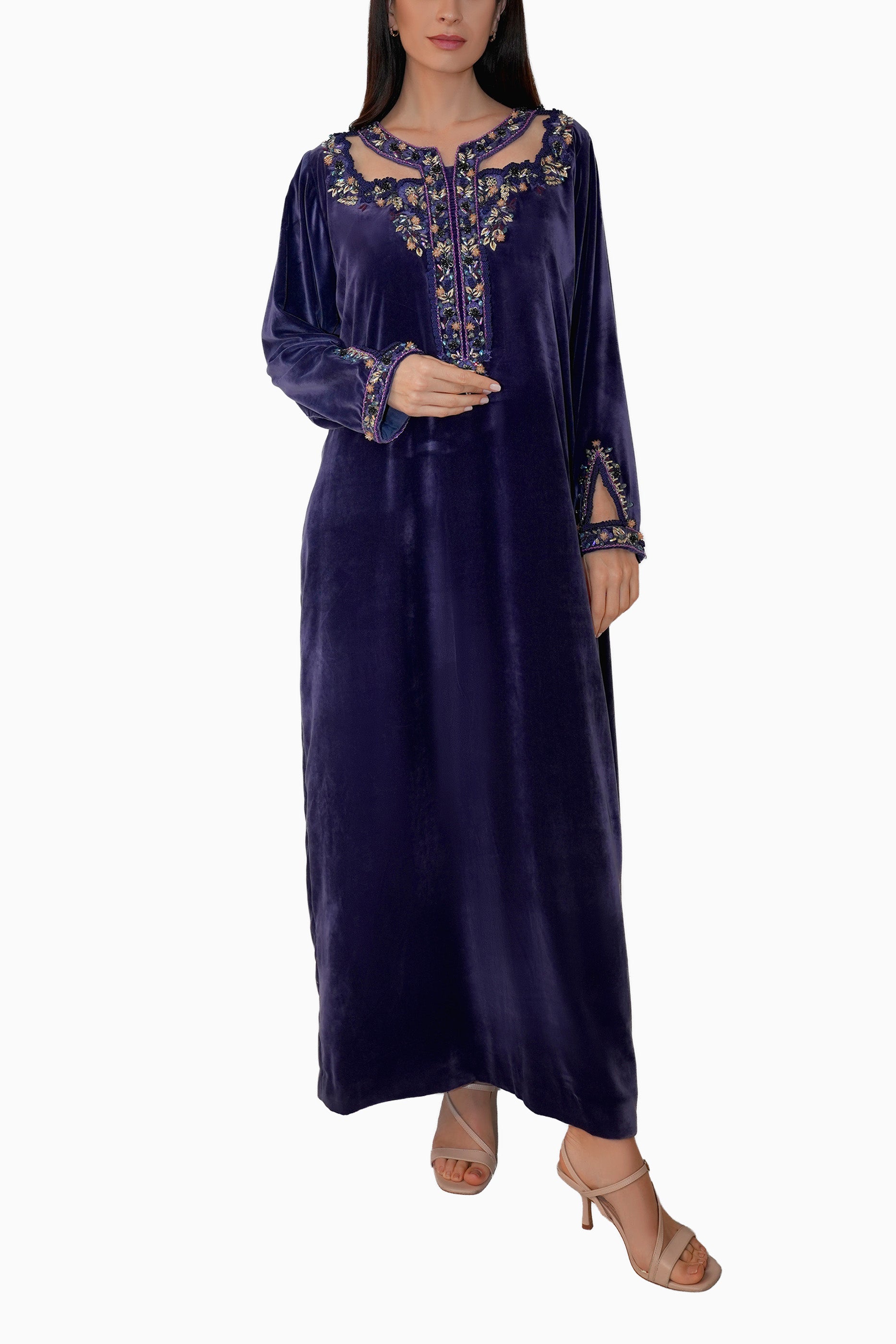 Hadiqa Purple Blue- Velvet Midnight Embroidery Floral Dress