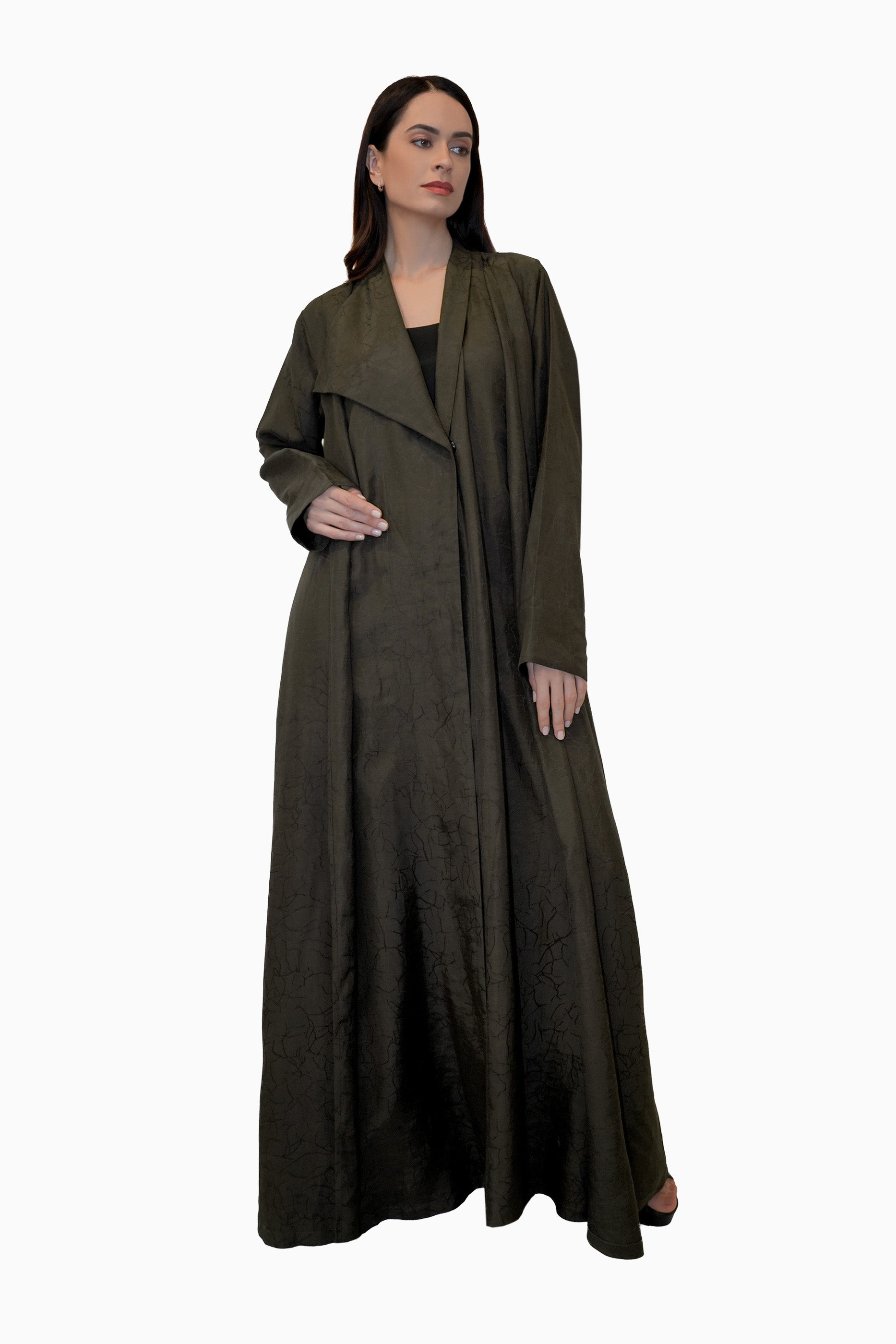 Lama Dark Olive - Wrap Style with Abstract Printed Lines Abaya