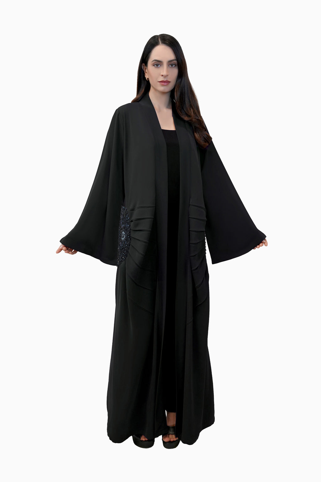 Lara Black - Minimalist Abaya with Fan Embroidery and Tassels
