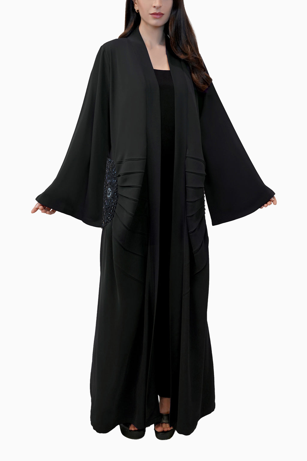 Lara Black - Minimalist Abaya with Fan Embroidery and Tassels