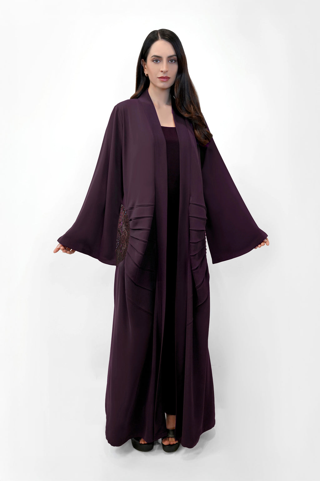 Lara Burgundy - Minimalist Abaya with Fan Embroidery and Tassels