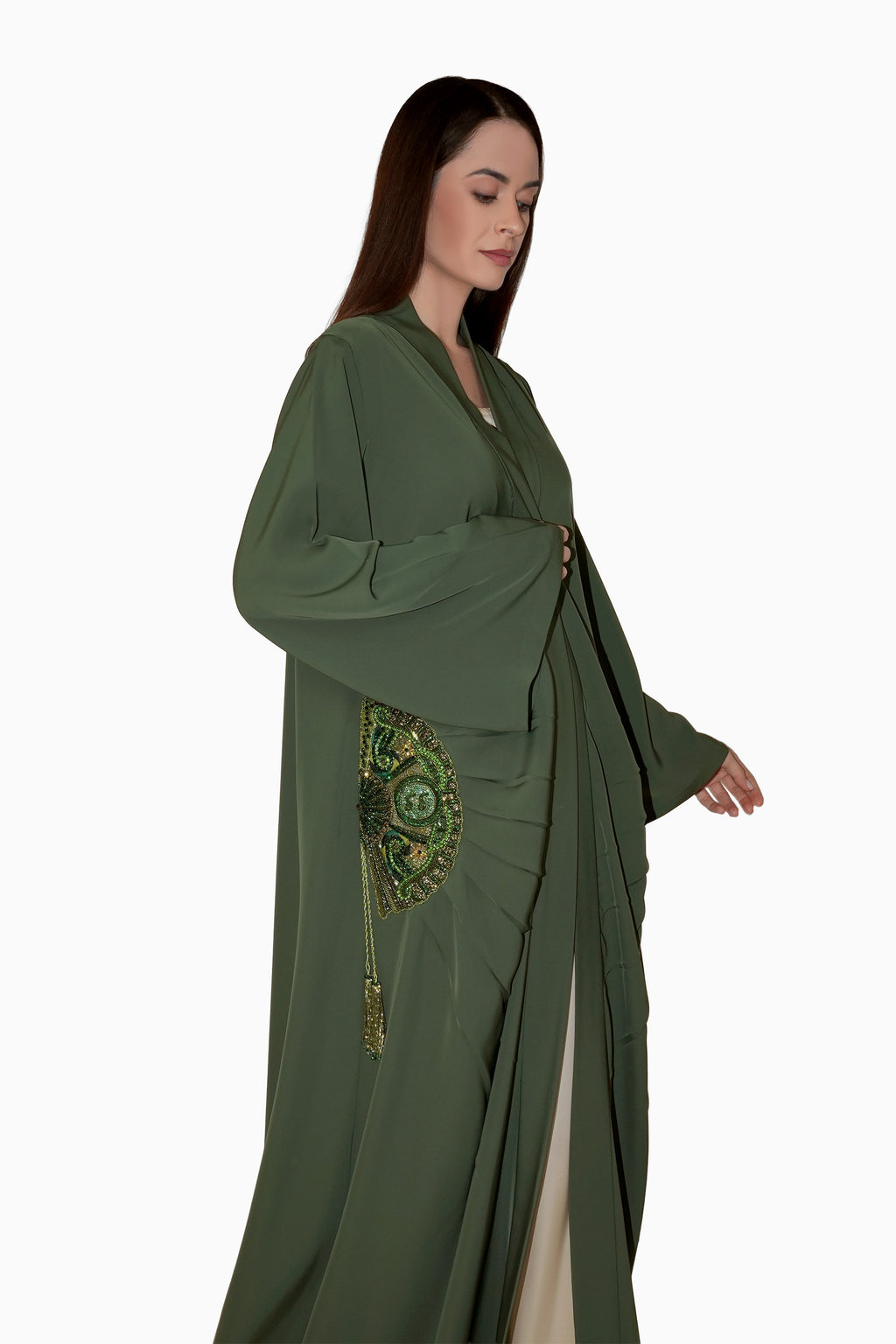 Lara Dark Green - Minimalist Abaya with Fan Embroidery and Tassels