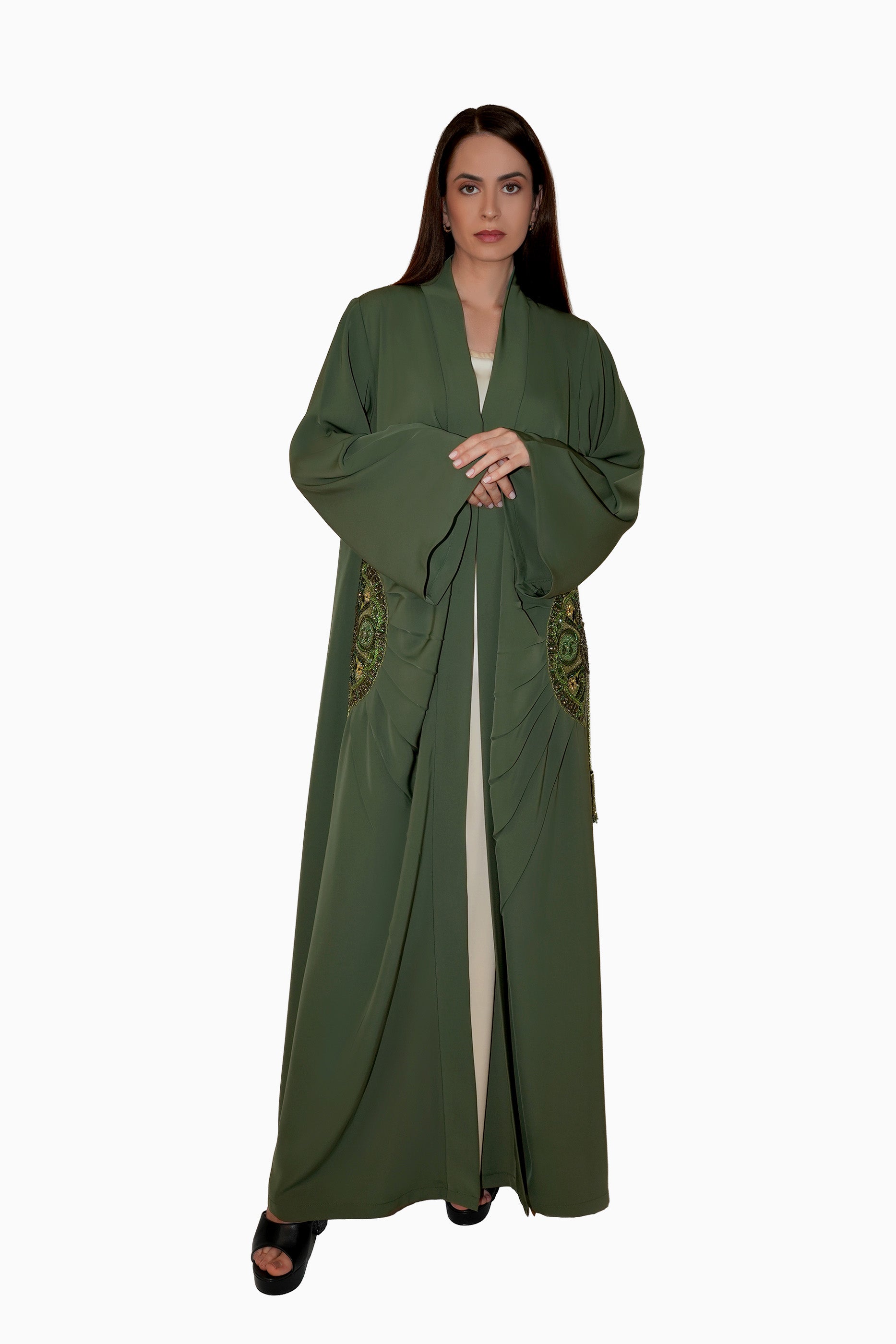 Lara Dark Green - Minimalist Abaya with Fan Embroidery and Tassels