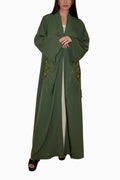 Lara Dark Green - Minimalist Abaya with Fan Embroidery and Tassels