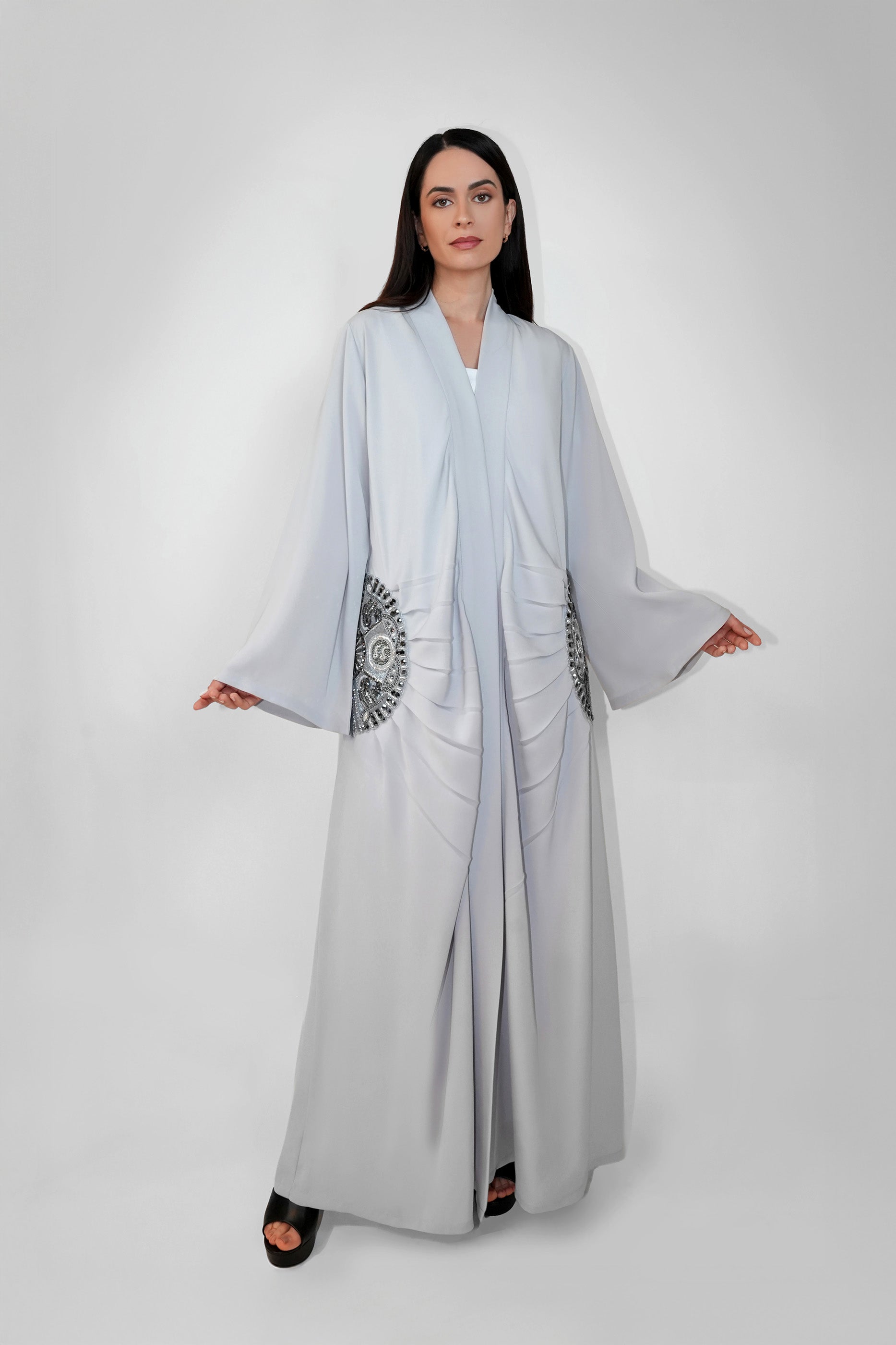 Lara Grey- Minimalist Abaya with Fan Embroidery and Tassels