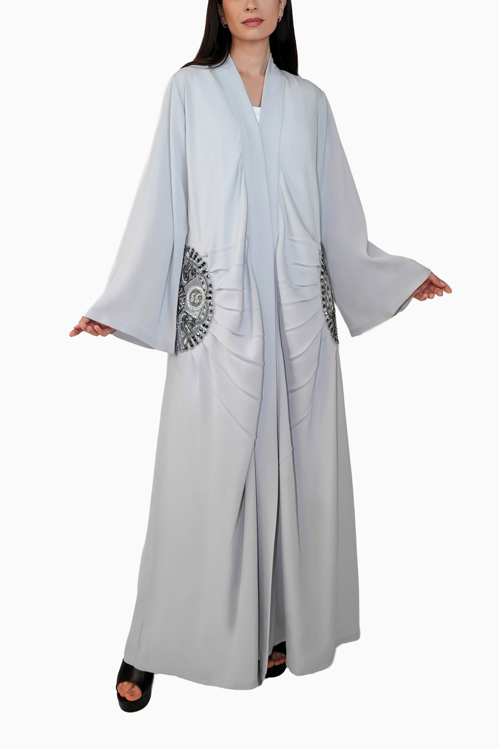 Lara Grey- Minimalist Abaya with Fan Embroidery and Tassels