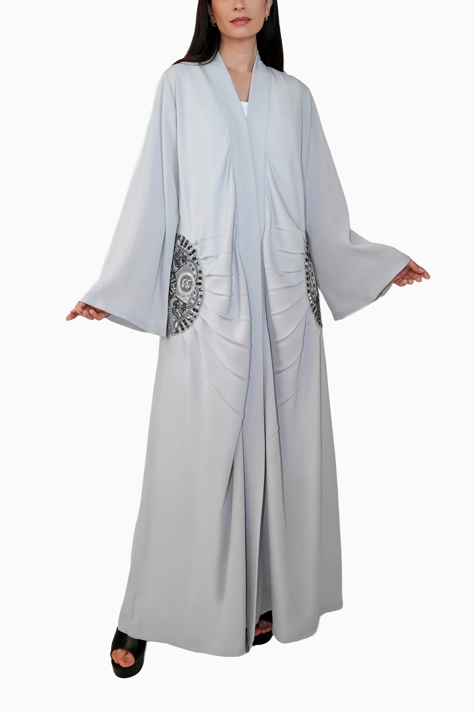 Lara Grey- Minimalist Abaya with Fan Embroidery and Tassels