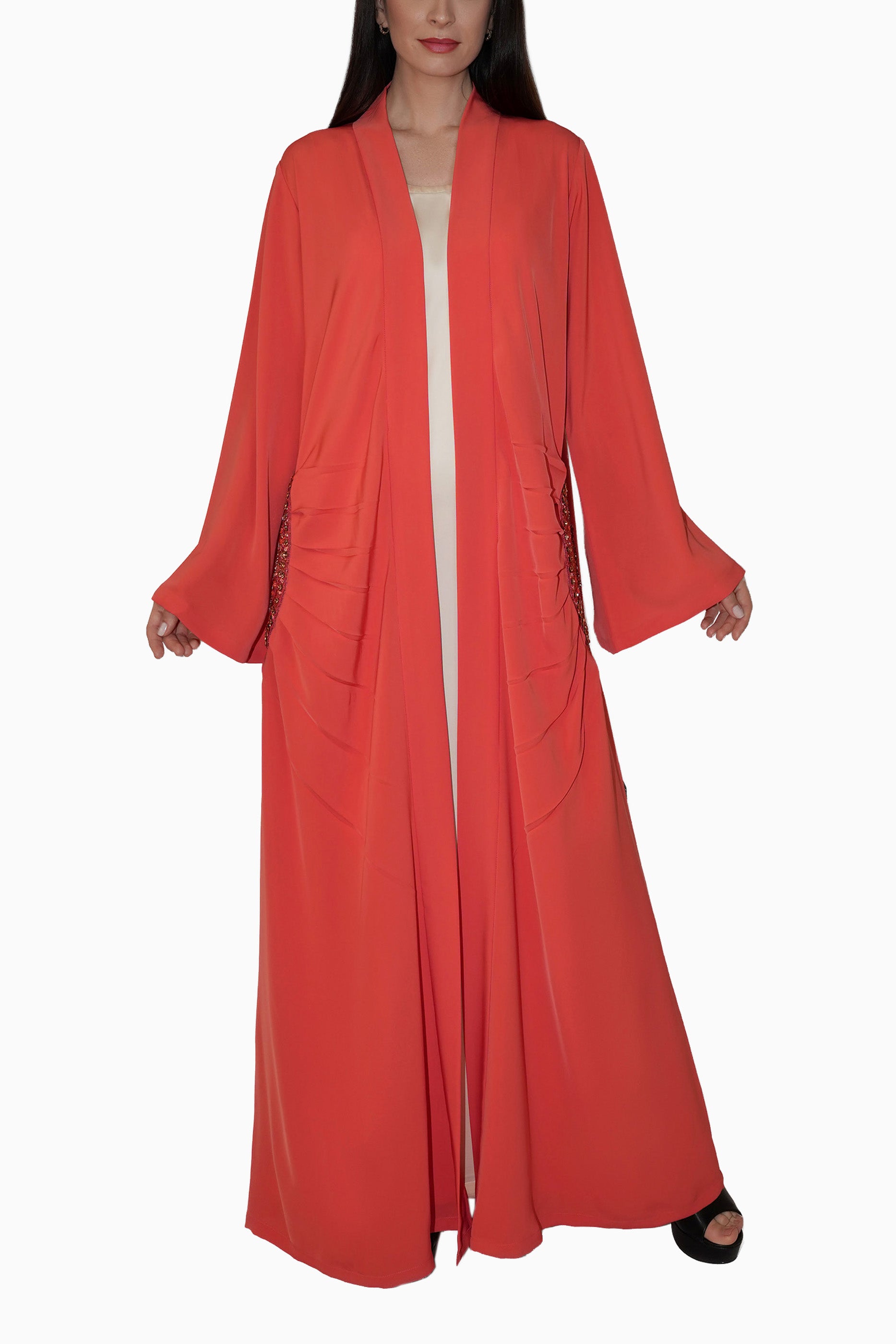 Lara Peach - Minimalist Abaya with Fan Embroidery and Tassels