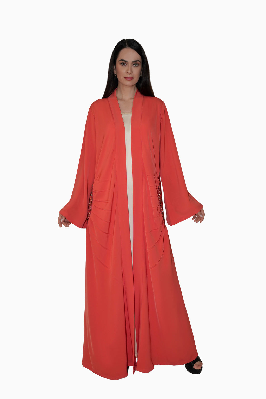 Lara Peach - Minimalist Abaya with Fan Embroidery and Tassels