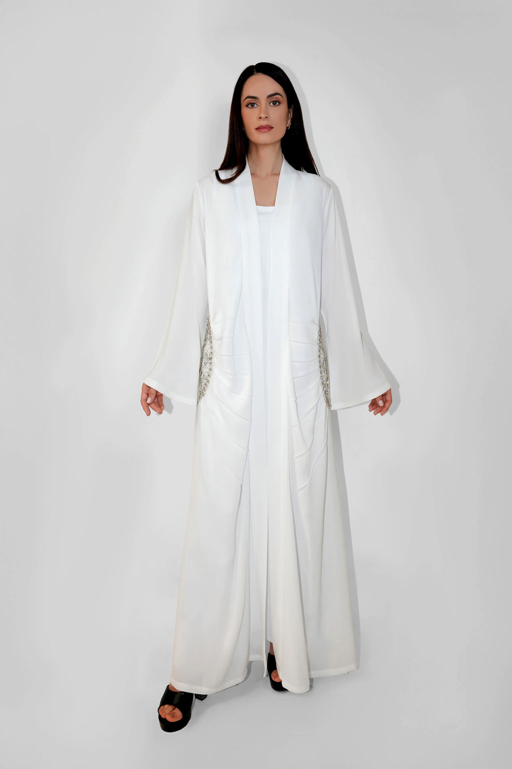 Lara Cream - Minimalist Abaya with Fan Embroidery and Tassels