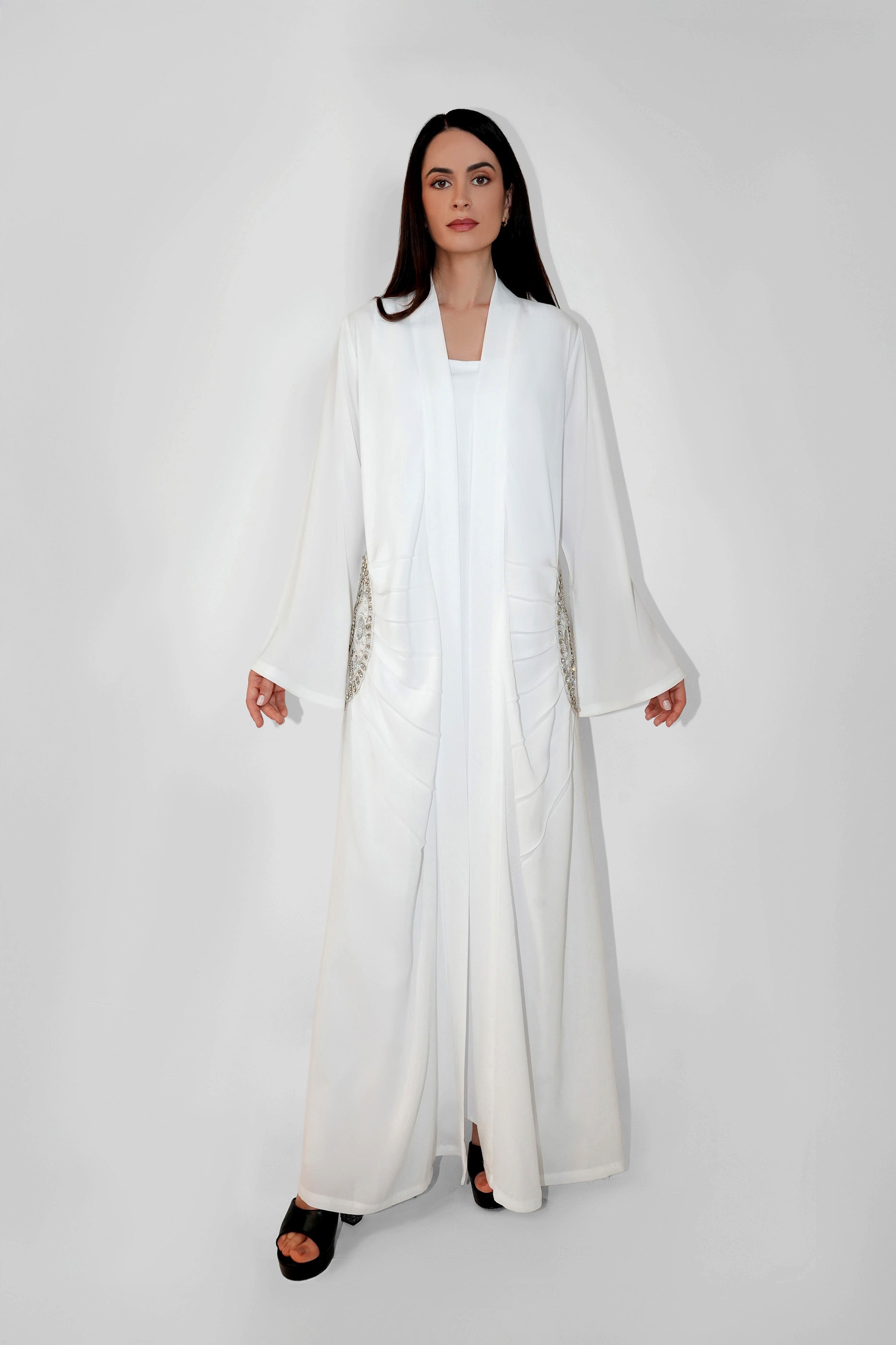 Lara Cream - Minimalist Abaya with Fan Embroidery and Tassels
