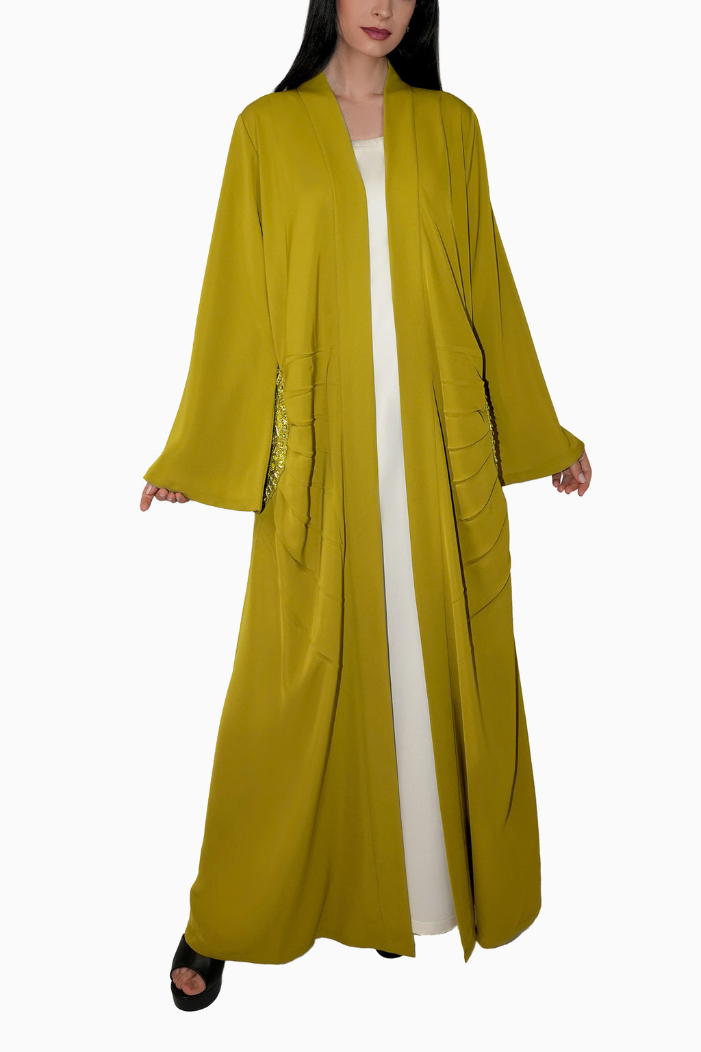 Lara Mustard - Minimalist Abaya with Fan Embroidery and Tassels