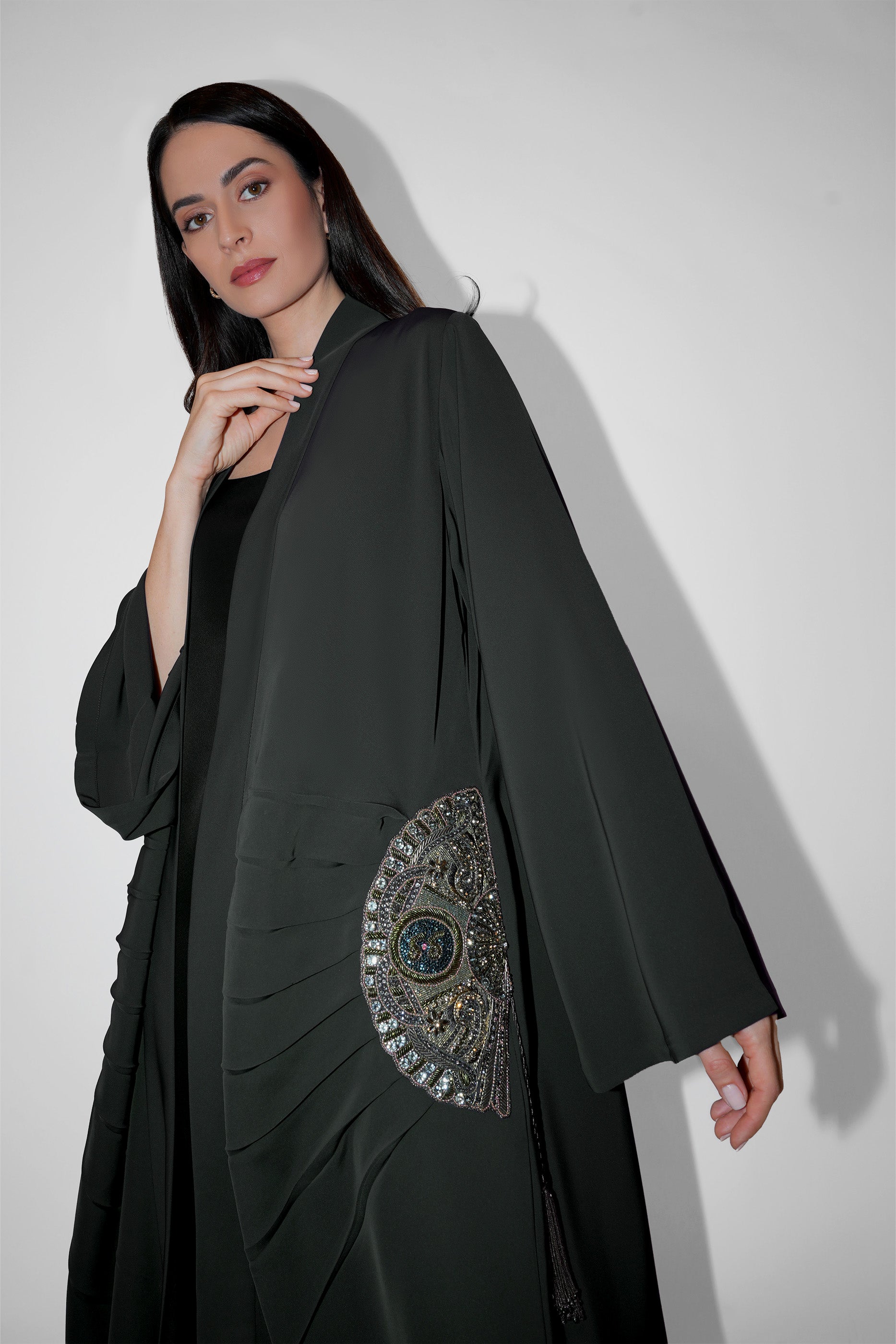 Lara Dark Grey- Minimalist Abaya with Fan Embroidery and Tassels