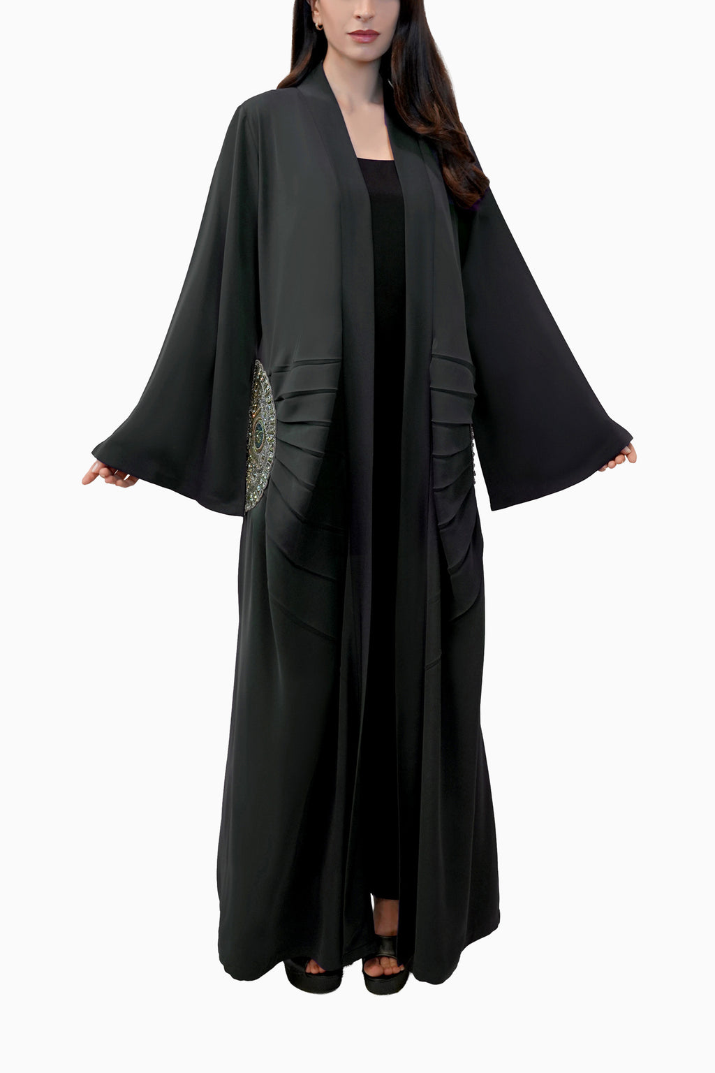 Lara Dark Grey- Minimalist Abaya with Fan Embroidery and Tassels