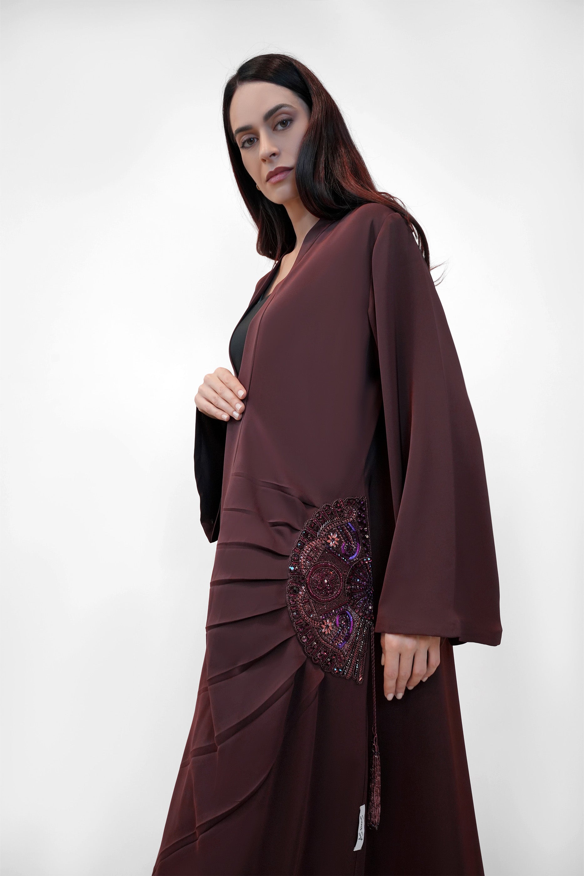 Lara Autumn - Minimalist Abaya with Fan Embroidery and Tassels