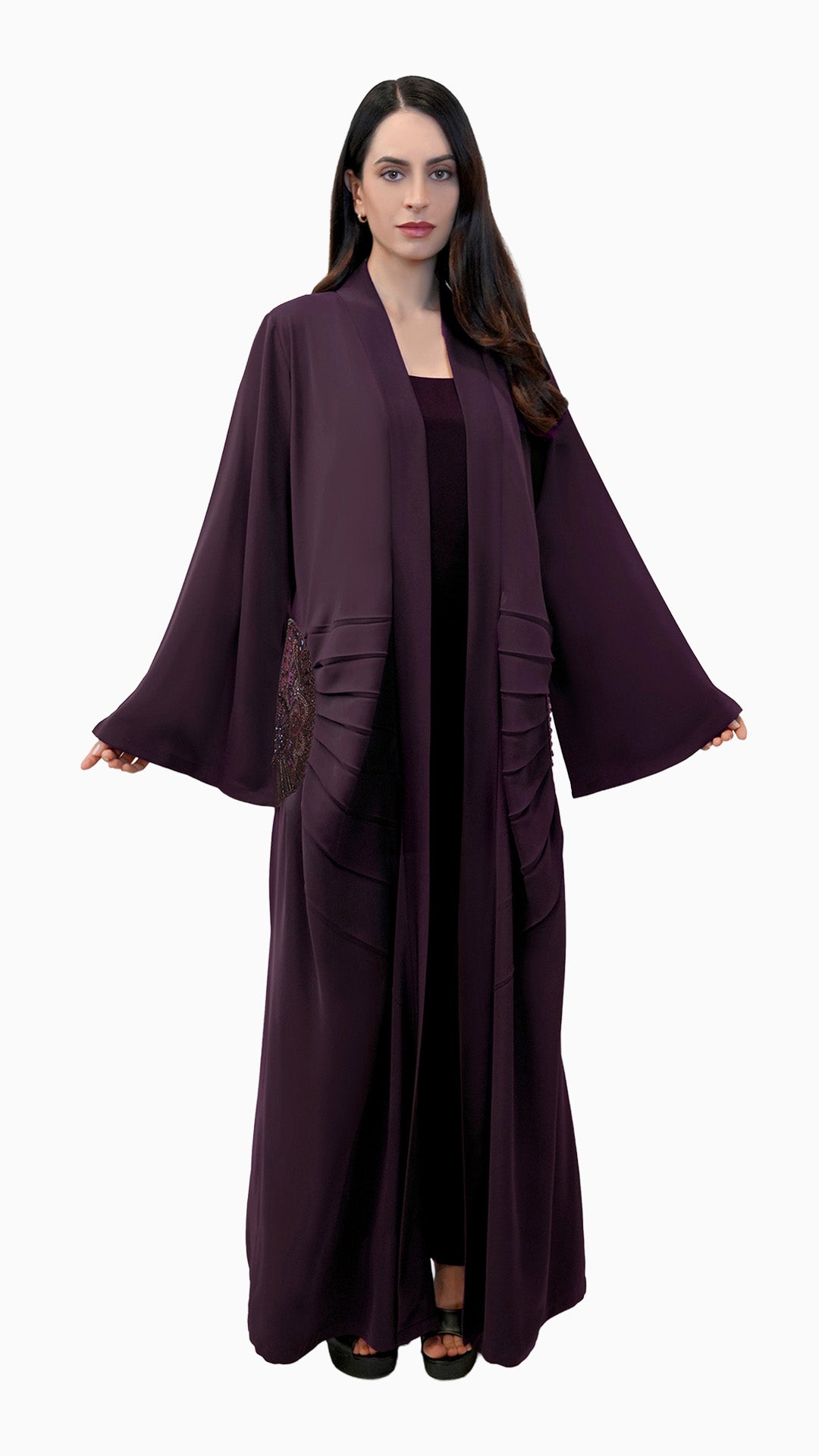 Lara Burgundy - Minimalist Abaya with Fan Embroidery and Tassels