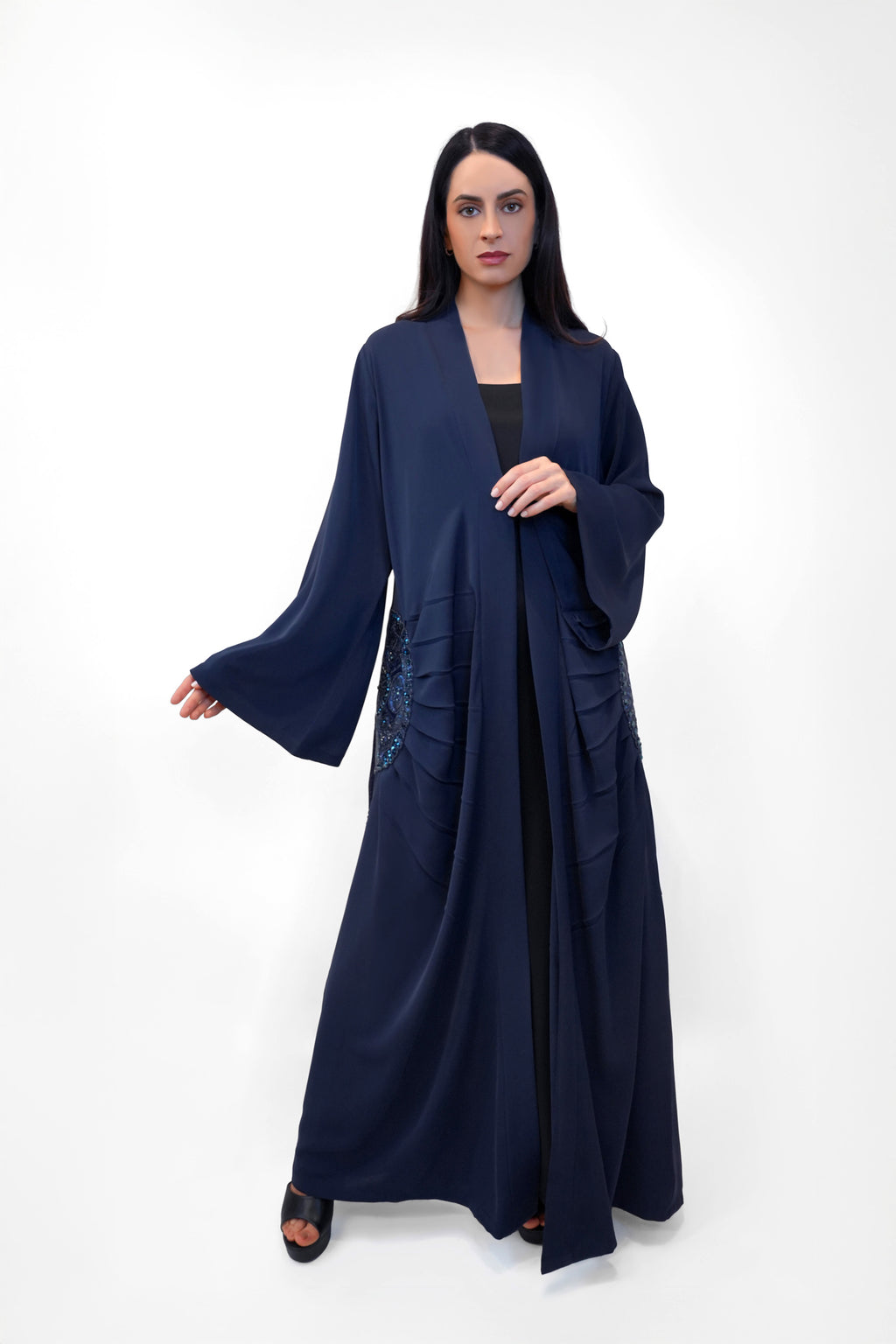 Lara Blue - Minimalist Abaya with Fan Embroidery and Tassels
