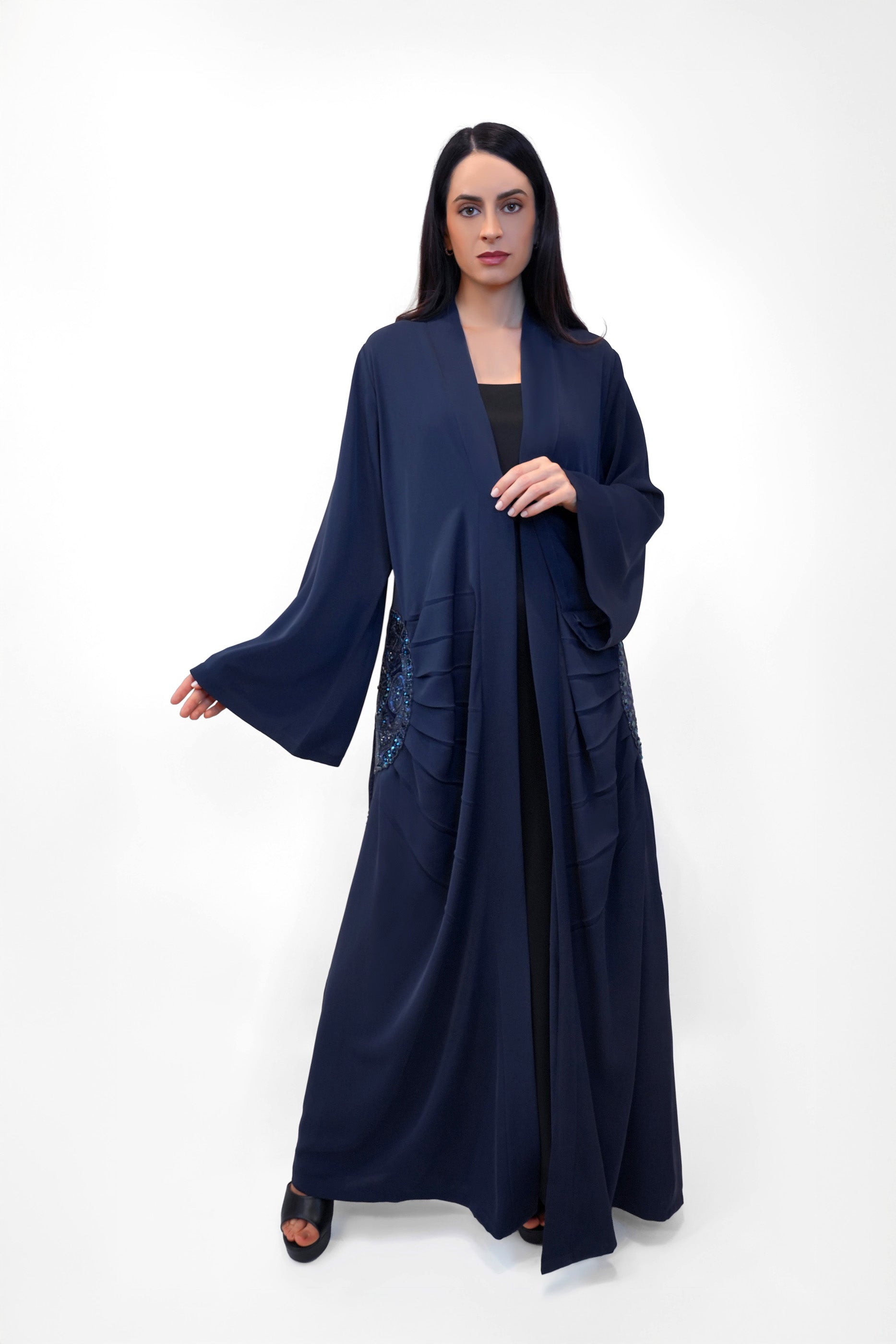 Lara Blue - Minimalist Abaya with Fan Embroidery and Tassels