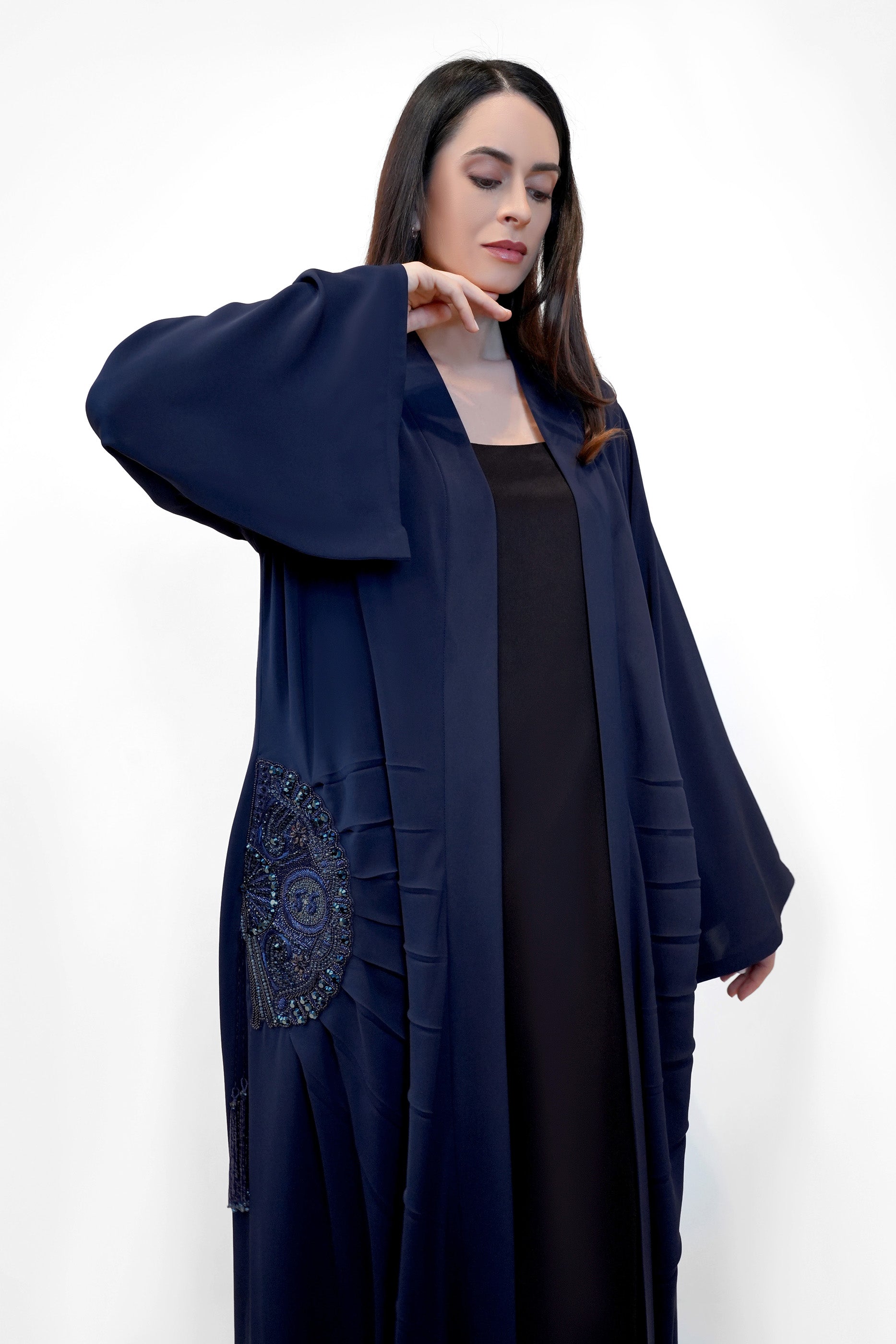 Lara Blue - Minimalist Abaya with Fan Embroidery and Tassels
