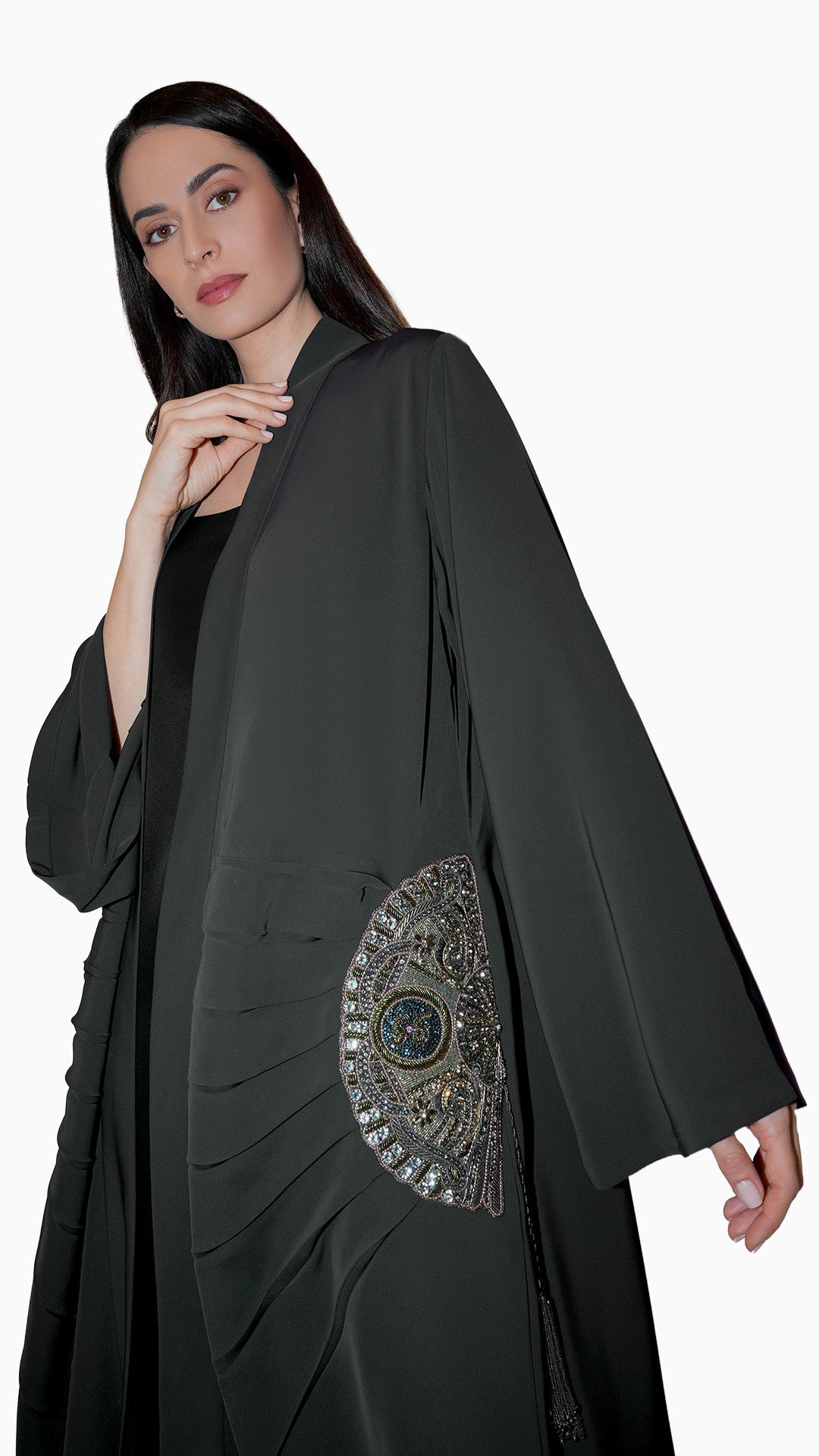 Lara Dark Grey- Minimalist Abaya with Fan Embroidery and Tassels