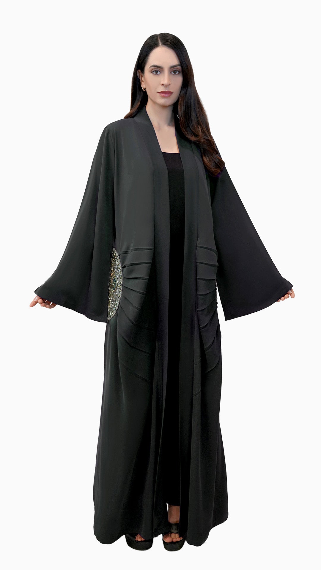 Lara Dark Grey- Minimalist Abaya with Fan Embroidery and Tassels