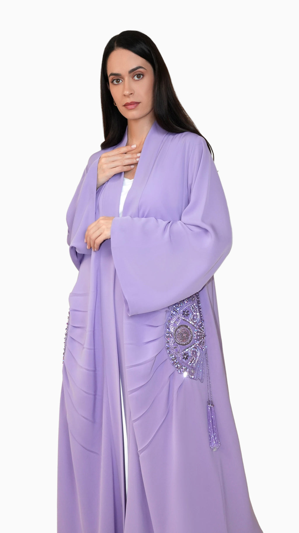 Lara Lavender- Minimalist Abaya with Fan Embroidery and Tassels