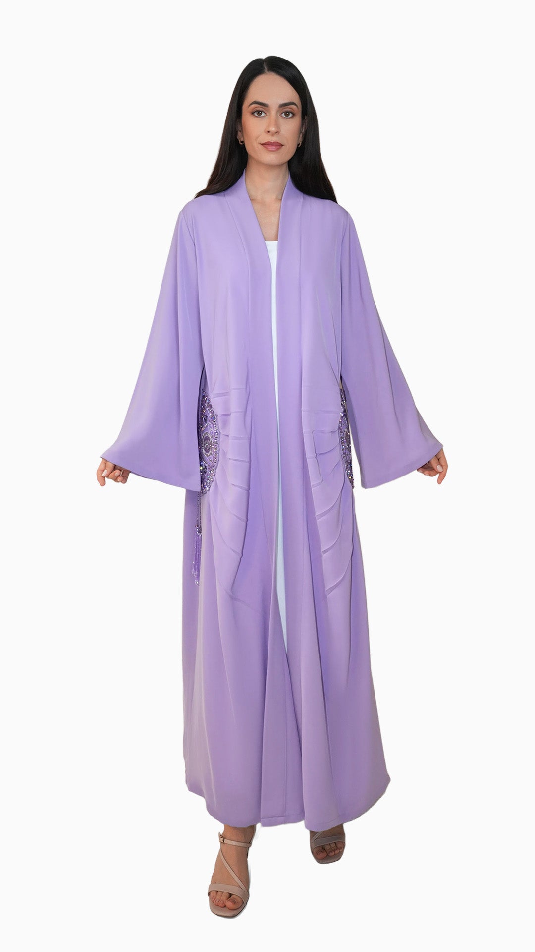 Lara Lavender- Minimalist Abaya with Fan Embroidery and Tassels