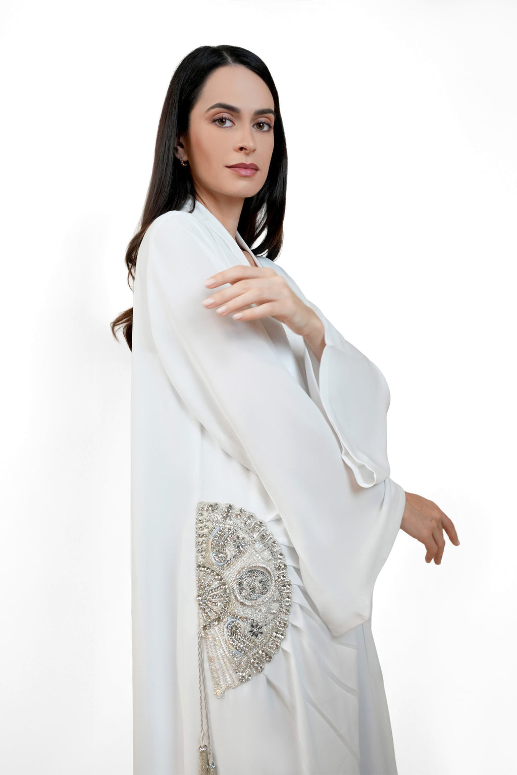 Lara Cream - Minimalist Abaya with Fan Embroidery and Tassels
