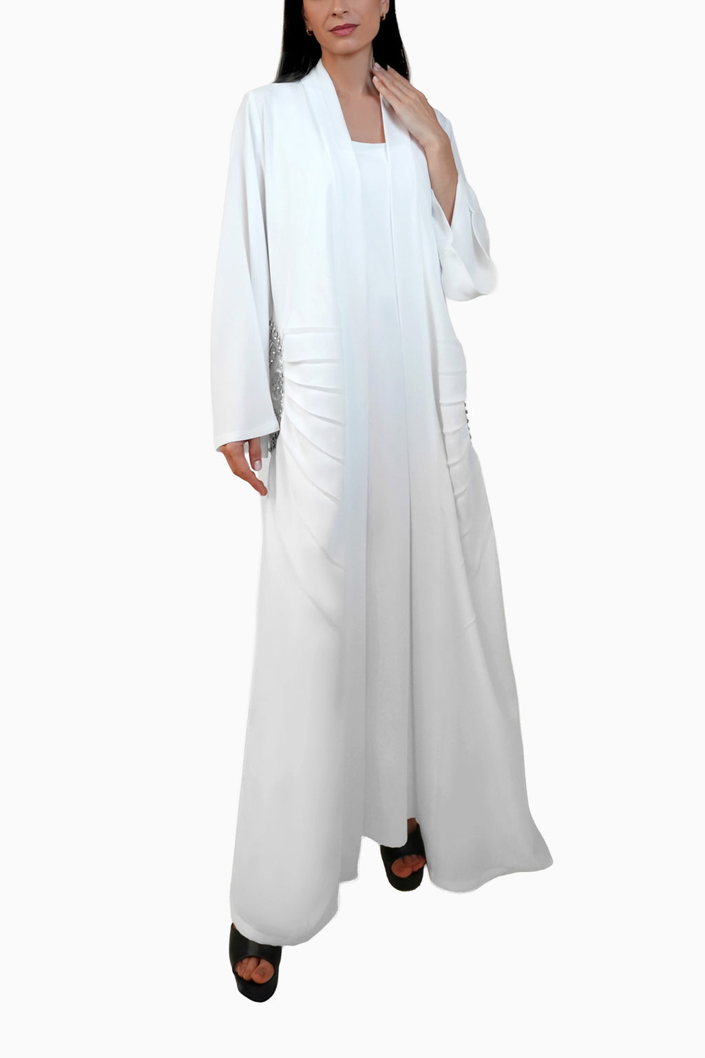 Lara White - Minimalist Abaya with Fan Embroidery and Tassels