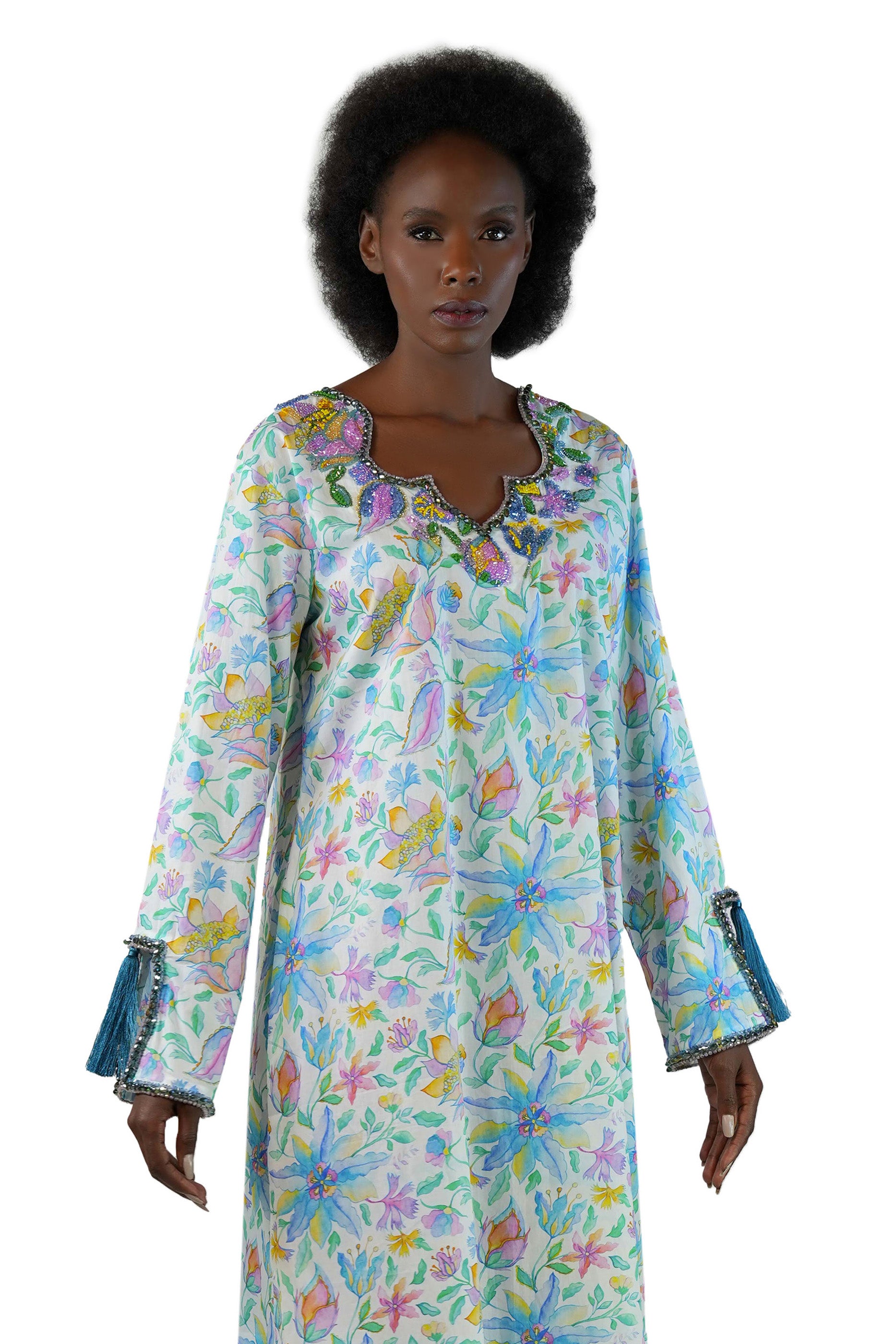 Lola Light - Floral Printed Kaftan with tassels
