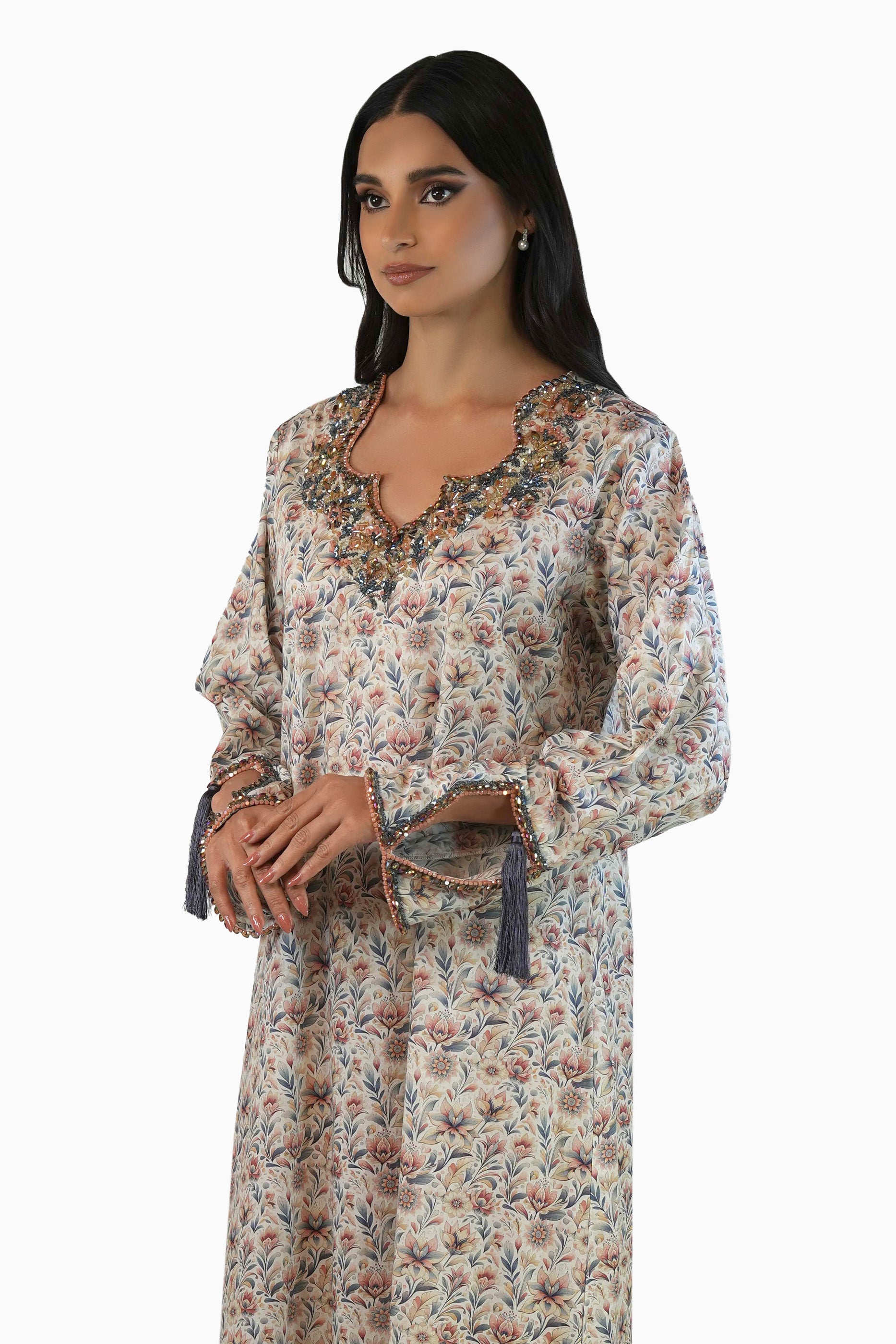 Lola Rosy - Floral Printed Kaftan with tassels