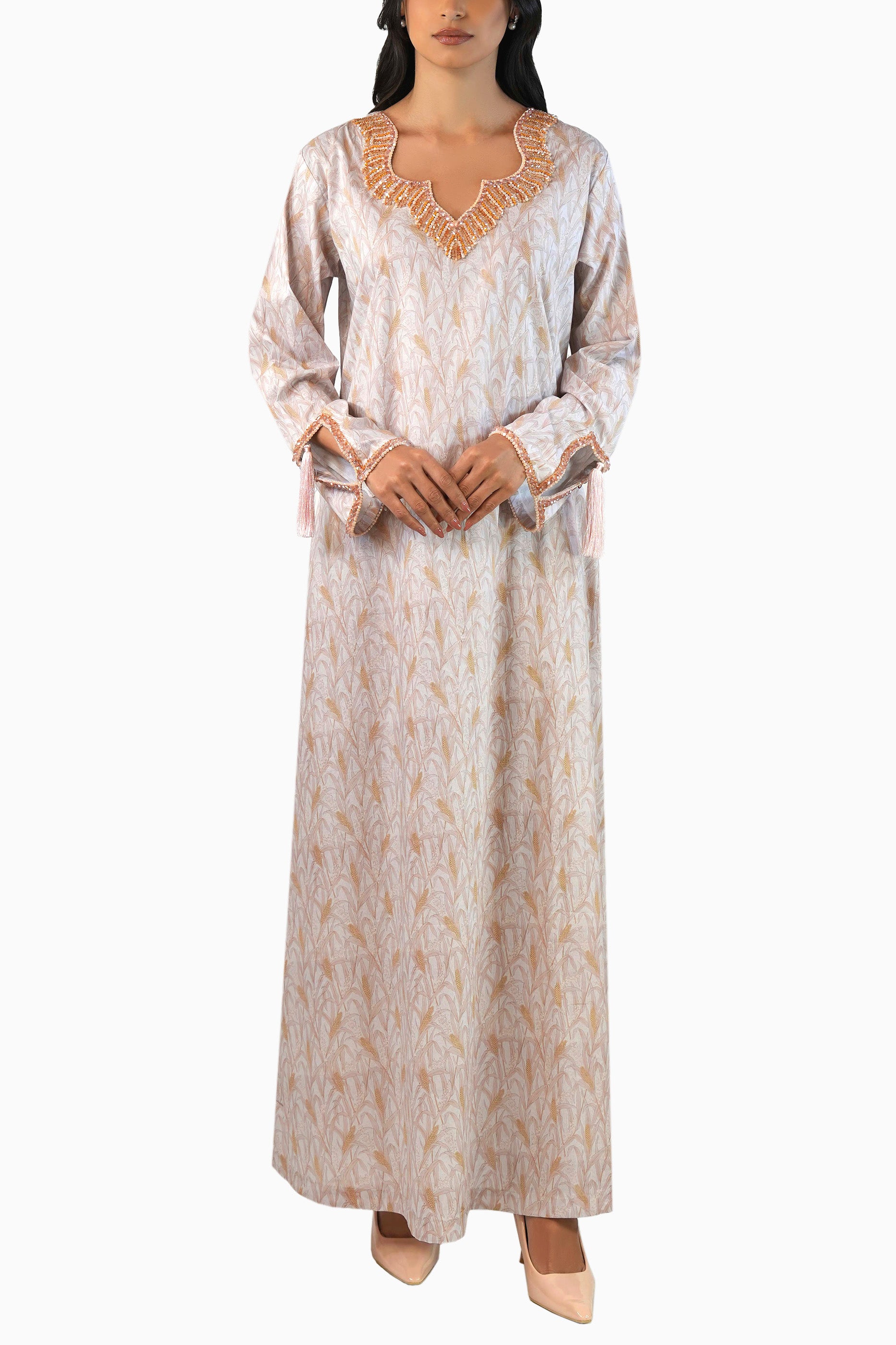 Lola Sand - Floral Printed Kaftan with tassels