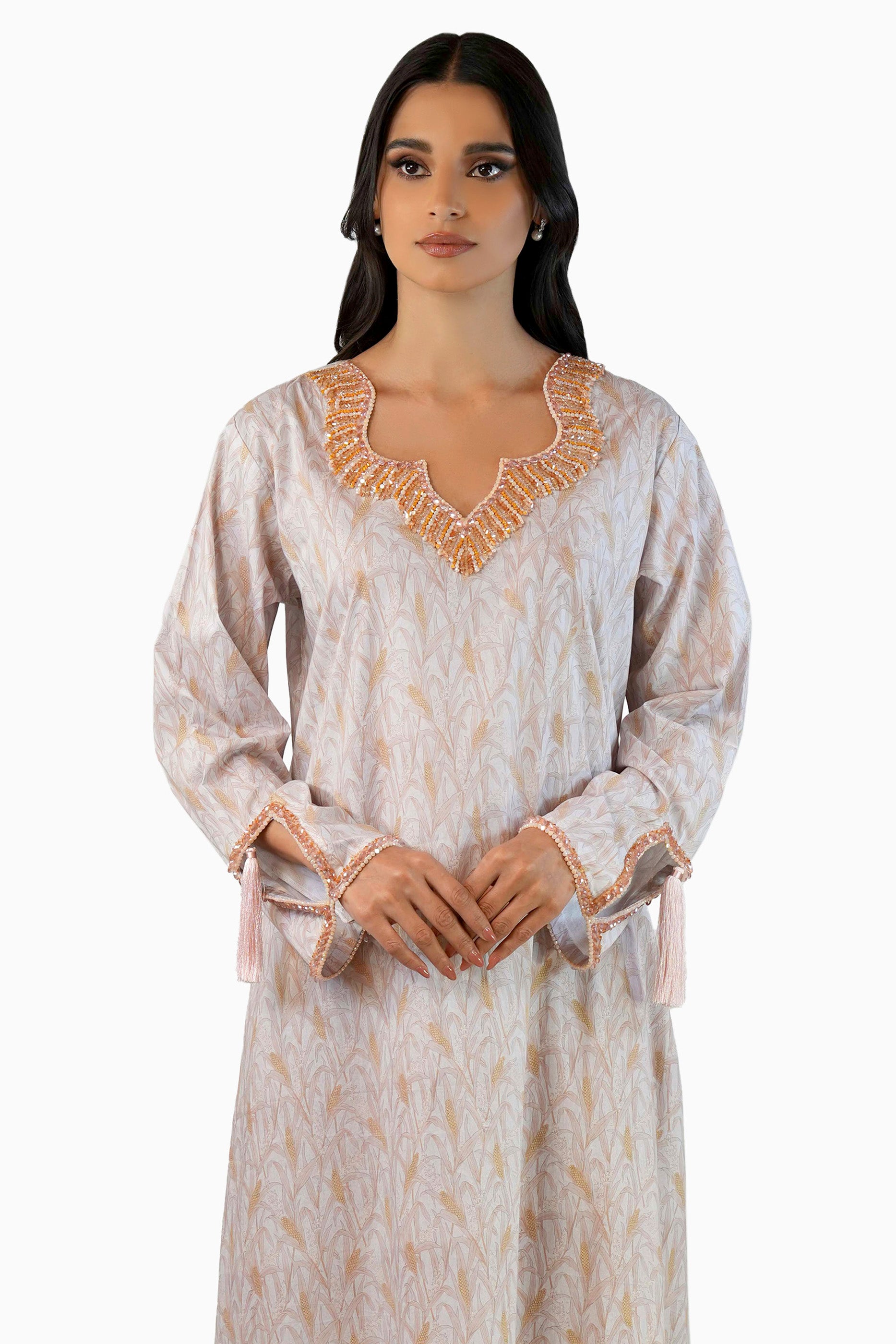 Lola Sand - Floral Printed Kaftan with tassels
