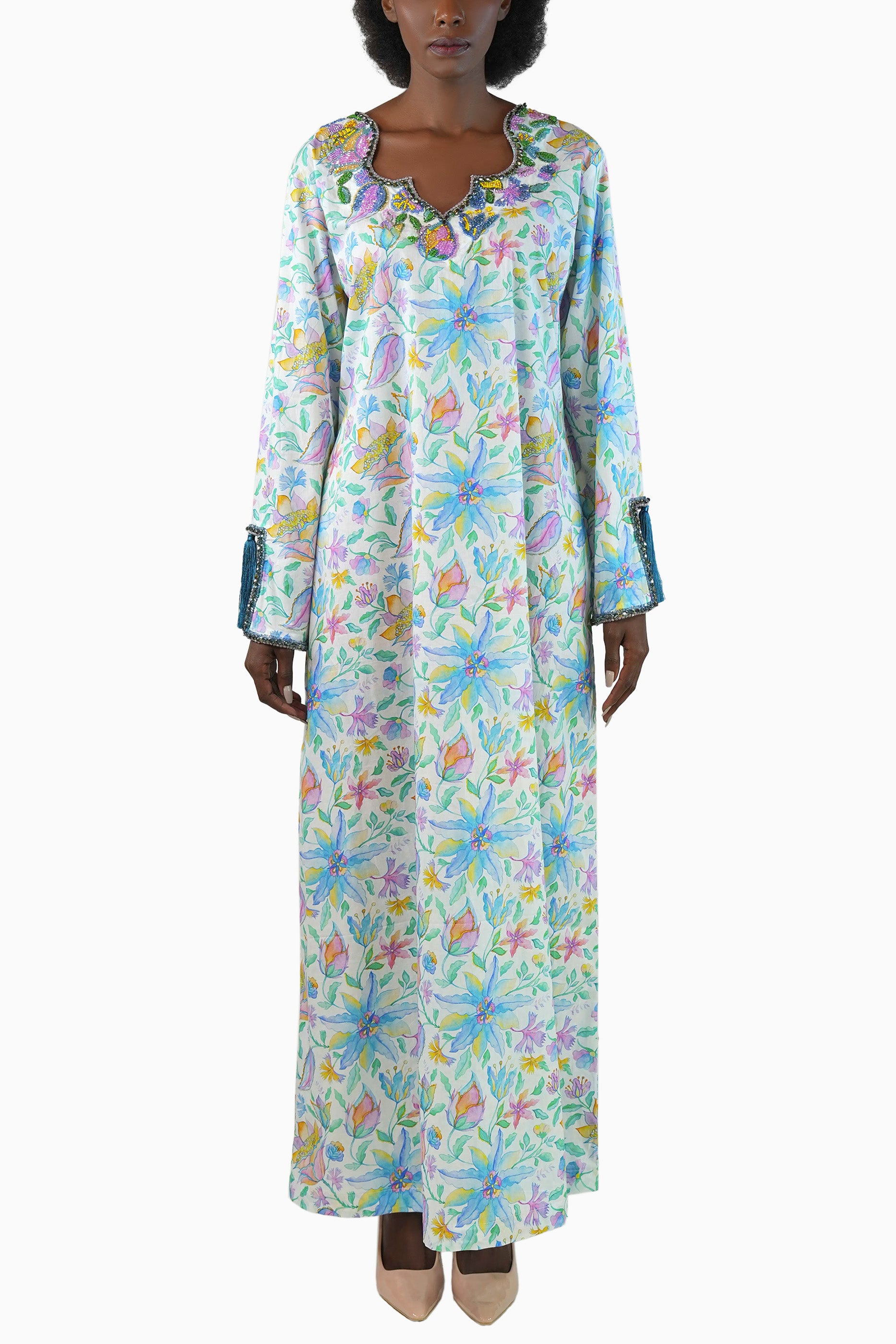 Lola Light - Floral Printed Kaftan with tassels