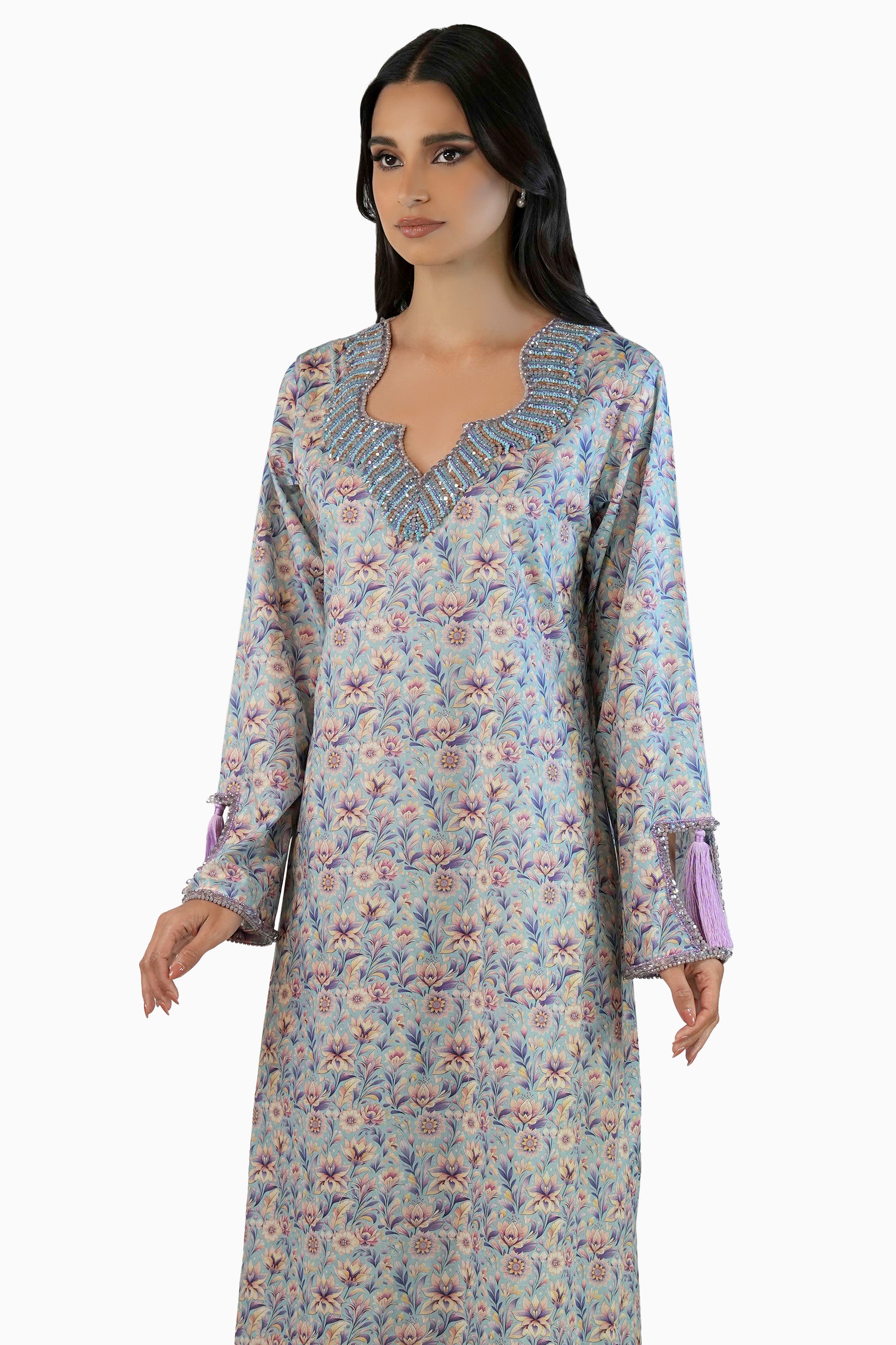 Lola Sky - Floral Printed Kaftan with tassels